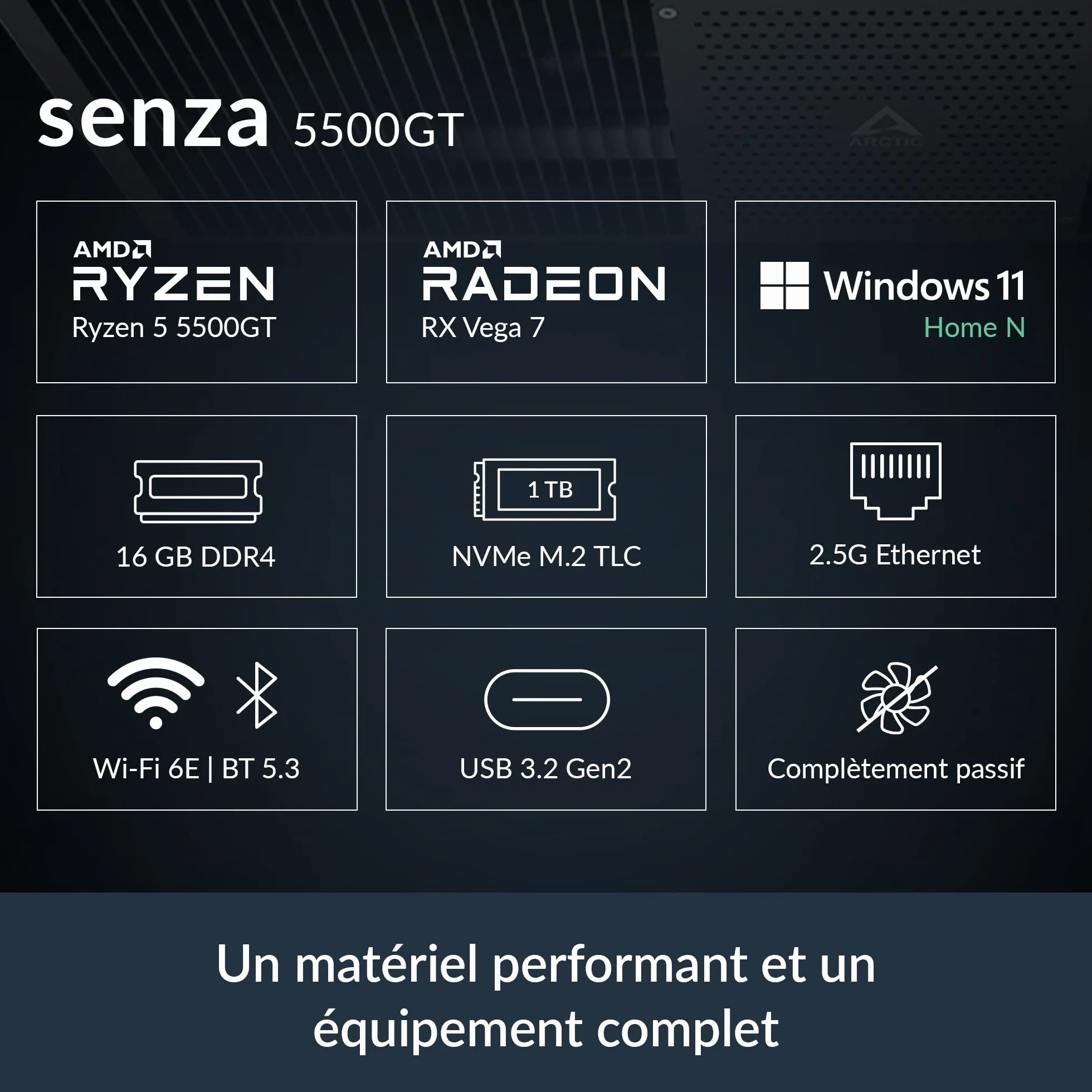 ARCTIC Senza 5700G - Pasywnie chłodzony, cichy komputer stacjonarny do montażu pod stołem, Windows 11 Home, AMD Ryzen 7 5700G, 8 Cores, 3,80–4,60GHz, 32 GB DDR4 RAM, 1 TB M.2 SSD, 2.5G LAN, USB 3.2