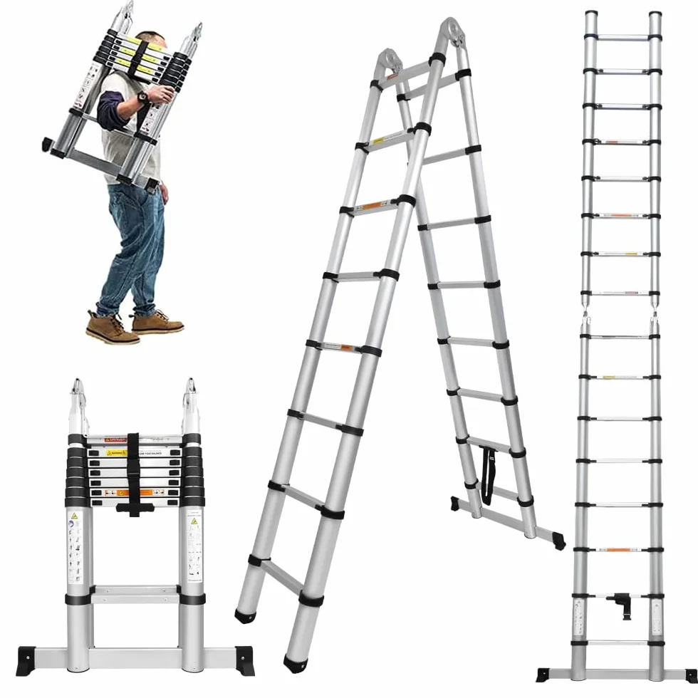 5 m teleskopowa drabina aluminiowa, wysuwana drabina składana, 2,5 m + 2,5 m, teleskopowa drabina ze stabilizatorem, aluminiowa drabina elastyczna do użytku na zewnątrz, na strychu