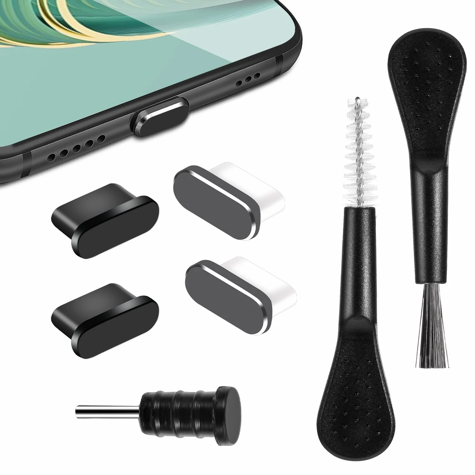 Zestaw ochrony USB C z osłonami przeciwpyłowymi, wkładami do gniazd słuchawkowych i szczotkami