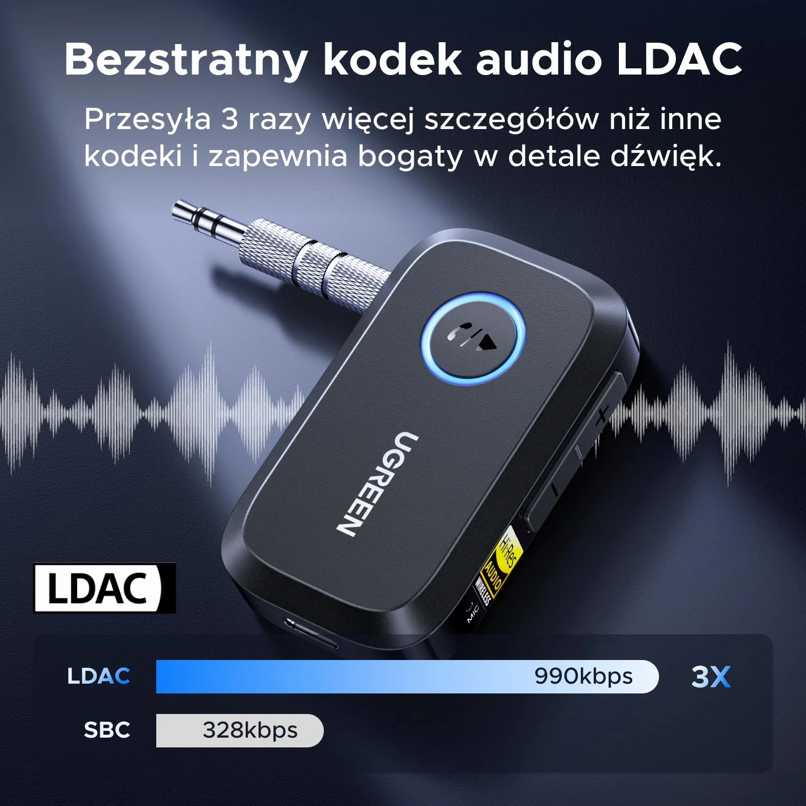 UGREEN Adapter Bluetooth samochodowy LDAC Hi-Res Audio Gold Standard 17h baterii odbiornik Jack
