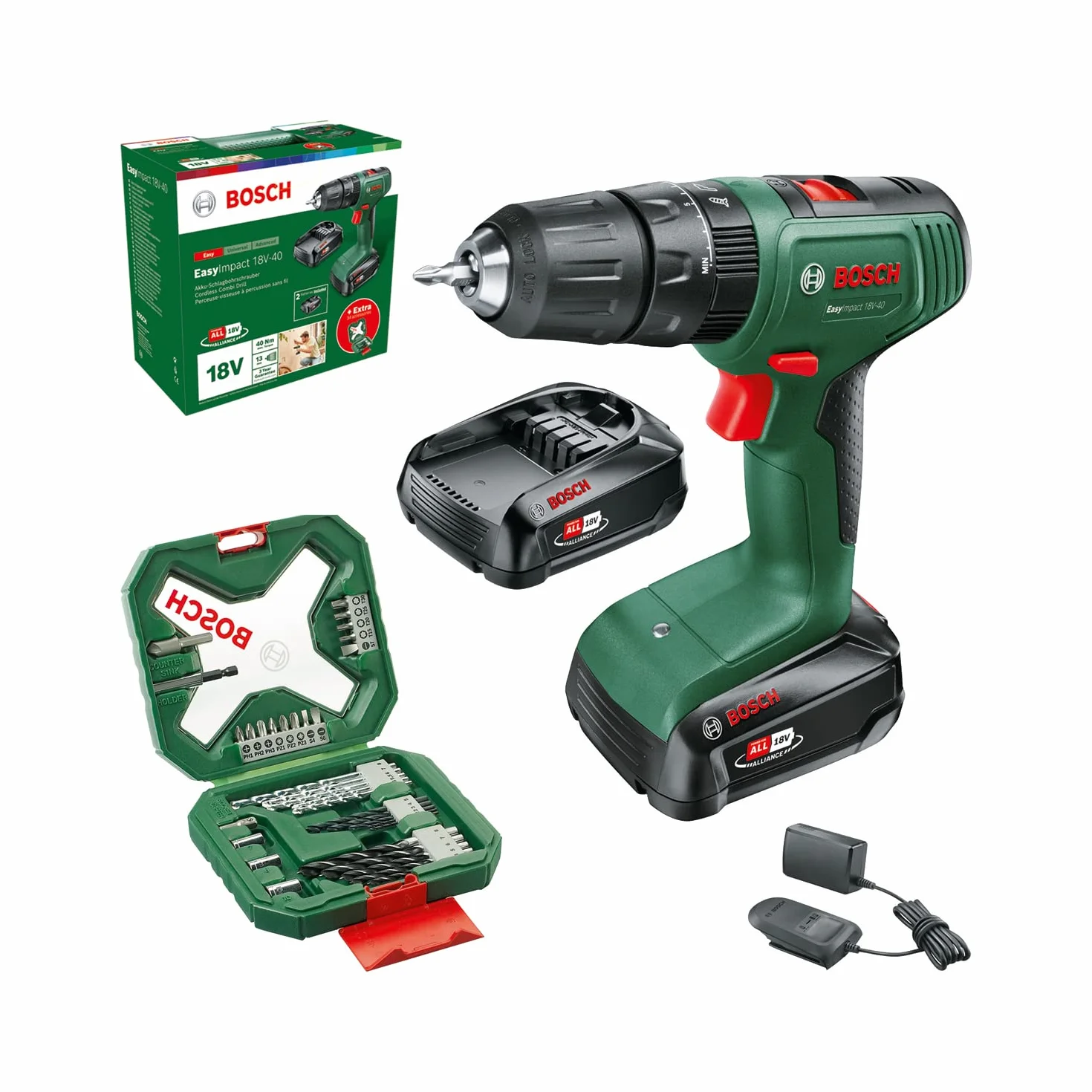 Bosch Home and Garden Akumulatorowa Wiertarka Udarowa EasyImpact 18V-40, 2 Akumulatory 2 Ah, System 18V, Zestaw Wkrętaków i Wierteł do Drewna, Kamienia i Metalu 43 Sztuk, Opakowanie Kartooptymalne