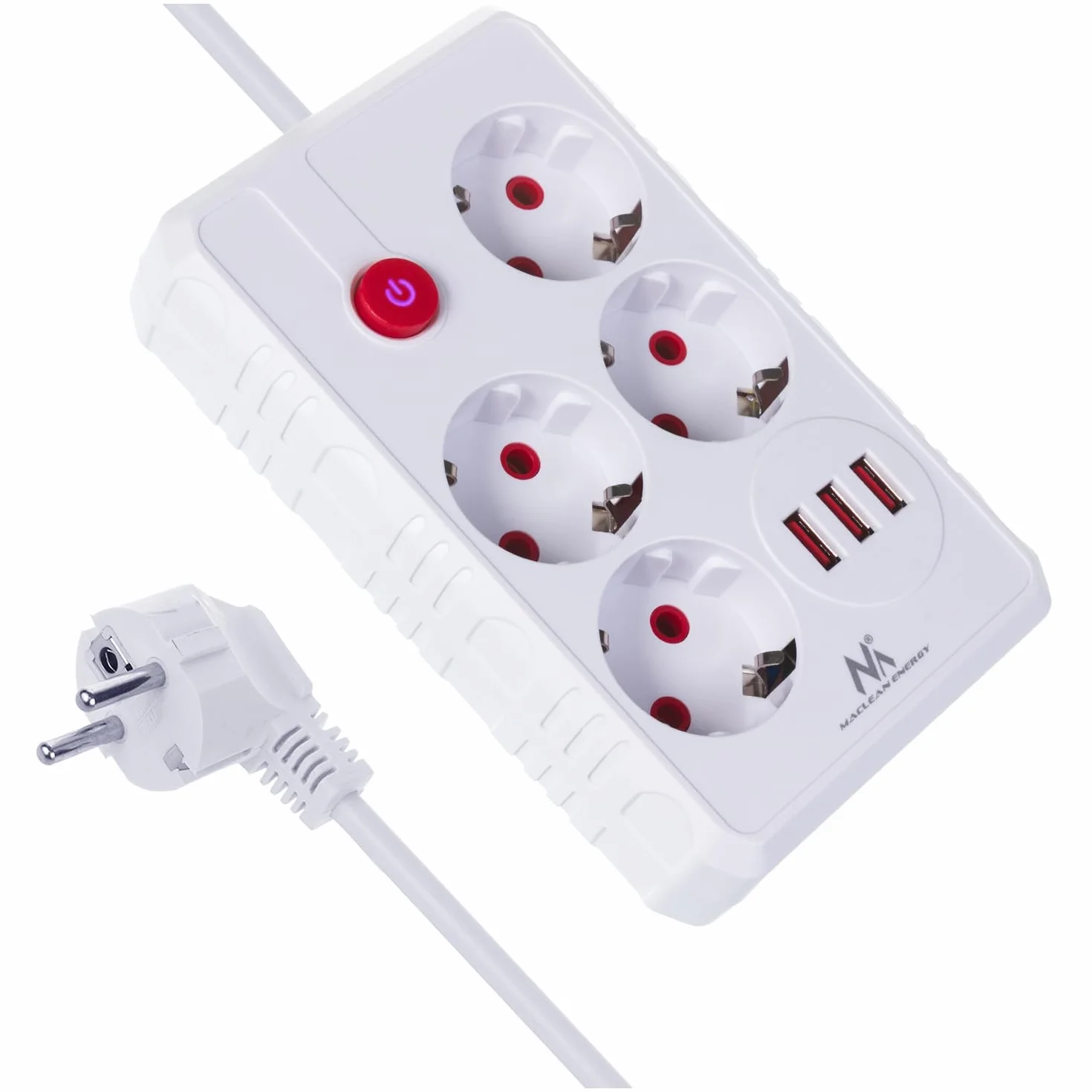 Listwa zasilająca Maclean MCE392/393 | 4 gniazda 3xUSB 2500W kabel 1,5 m gniazda wygięte pod kątem 45° | montaż pod biurkiem podświetlany wyłącznik do domu, biura (Biały, 1,5 m)