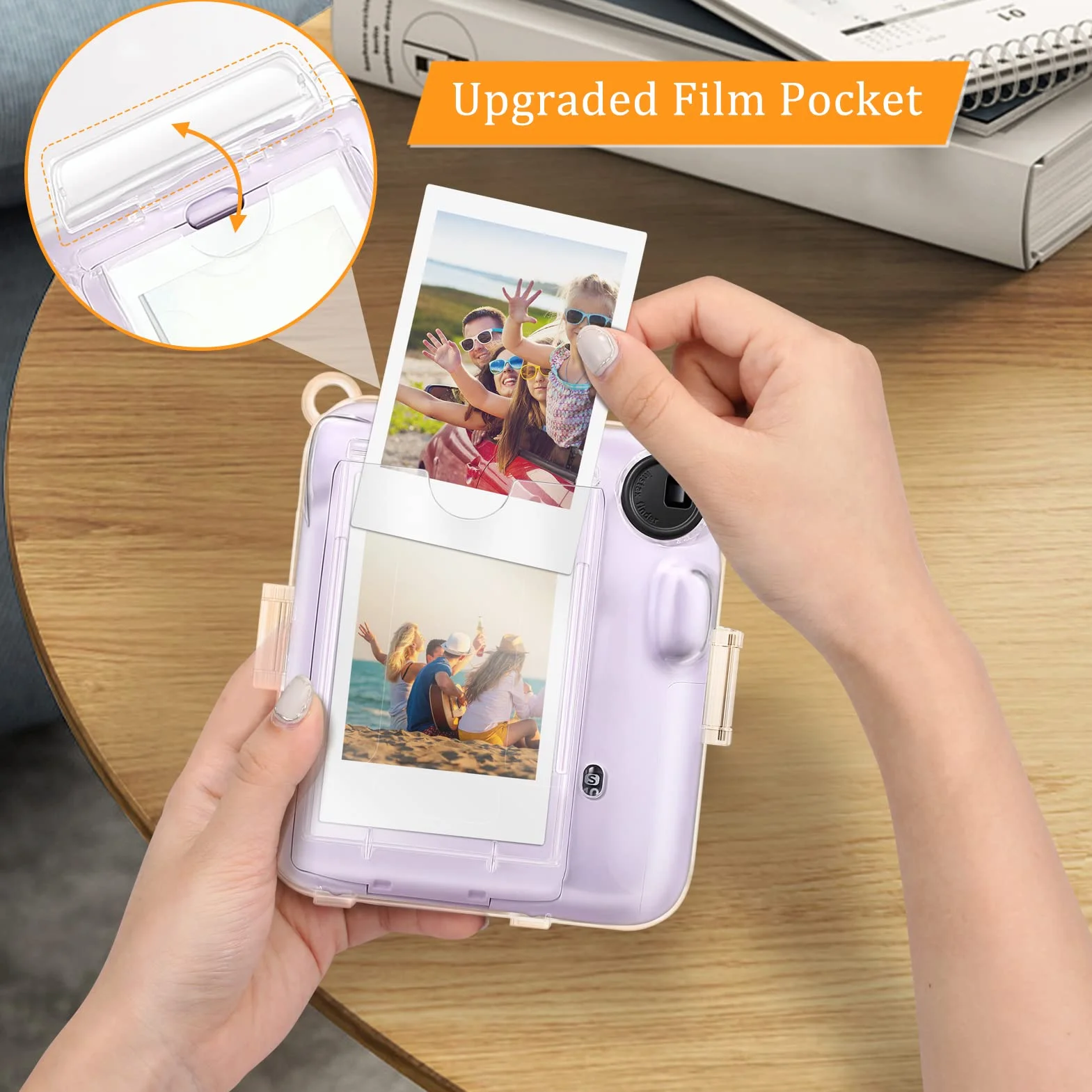 Fintie Etui Ochronne do Fujifilm Instax Mini 12, Przezroczyste Twarde, Kryształowe z Kieszenią i Paskiem
