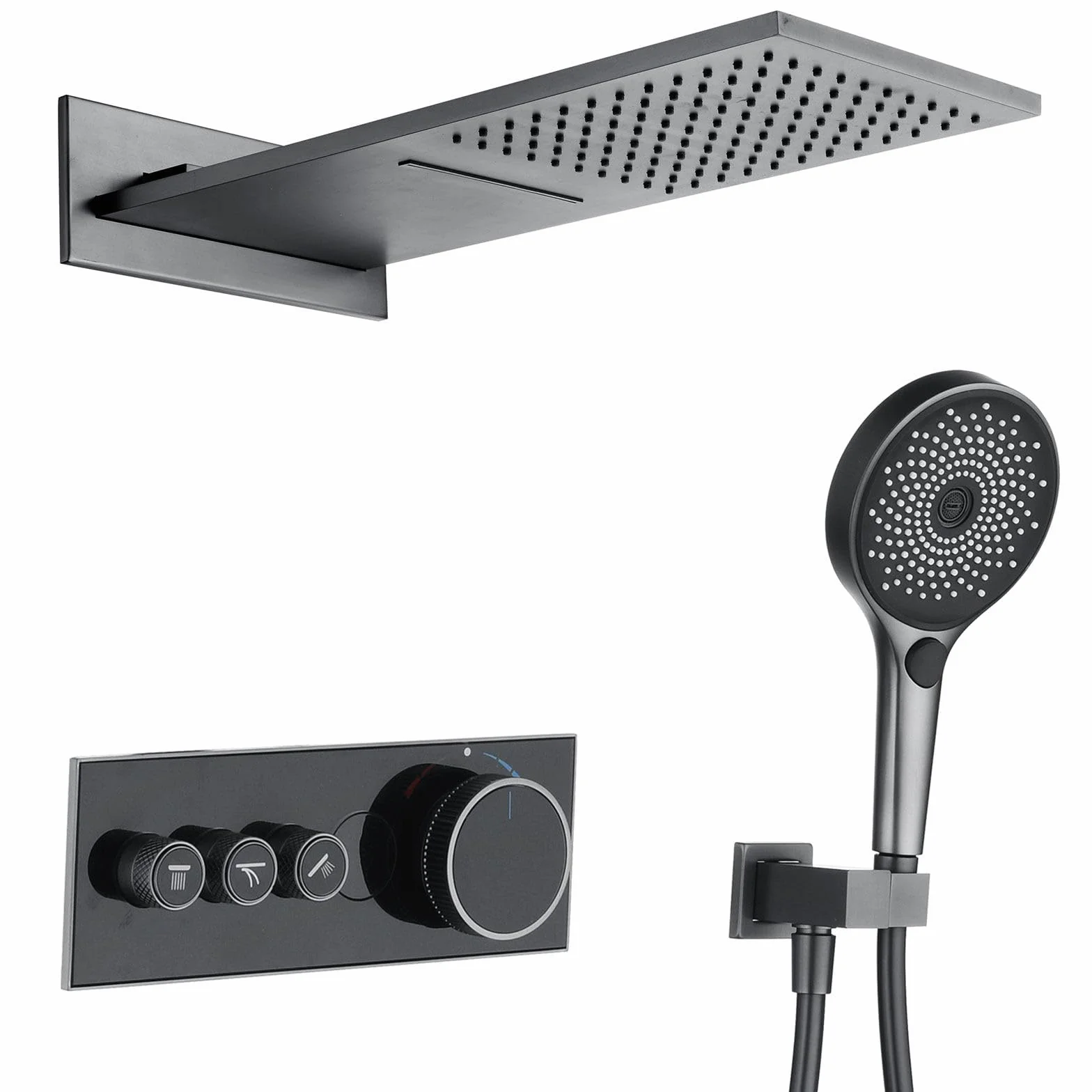 BEITH Termostatyczny zestaw prysznicowy 550 x 228 mm, kwadratowy, ukryty system prysznicowy z cyfrowym wyświetlaczem LED, 2 tryby montażu na ścianie, zestaw baterii prysznicowych, deszcz, wodospad, 3