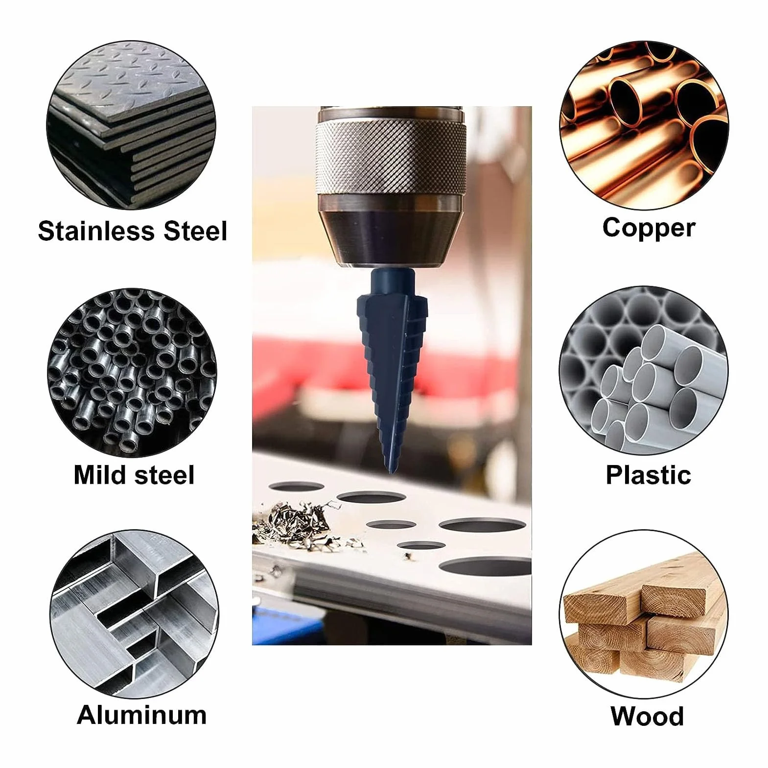 Aramox Zestaw wierteł Stopniowych M35 Kobaltowe Wiertła Stopniowe z 4 Ostrzami 1 4-calowy trzpień 6-częściowy Zestaw do Stali Nierdzewnej Metal Drewno Tworzywo Sztuczne Aluminium miedź