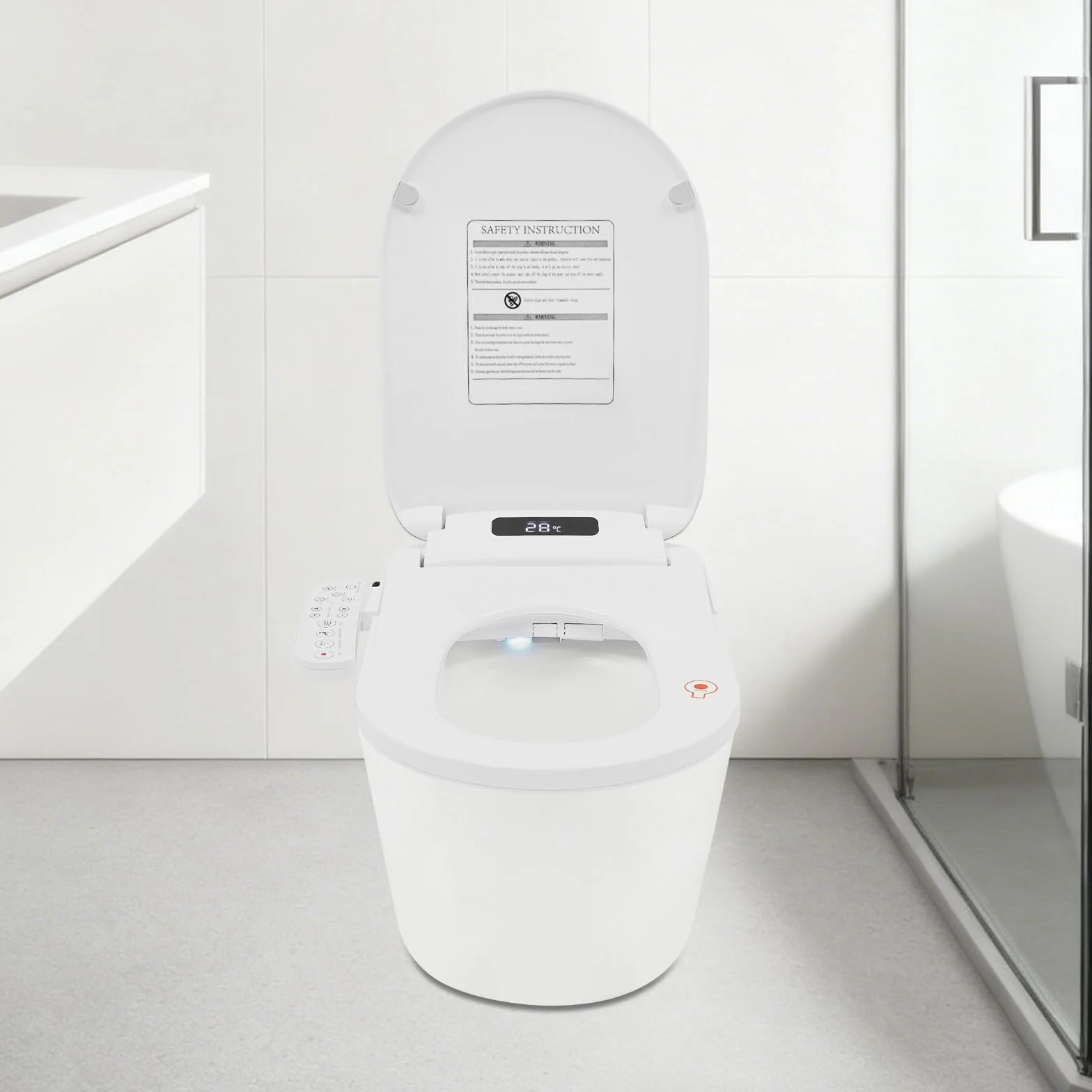 Podgrzewana deska sedesowa, bidet z dyszą, japońska toaleta, prysznic z automatyczną pokrywą, funkcja sterylizacji drążka natryskowego, bocznym elementem obsługowym, suszarka i lampka nocna