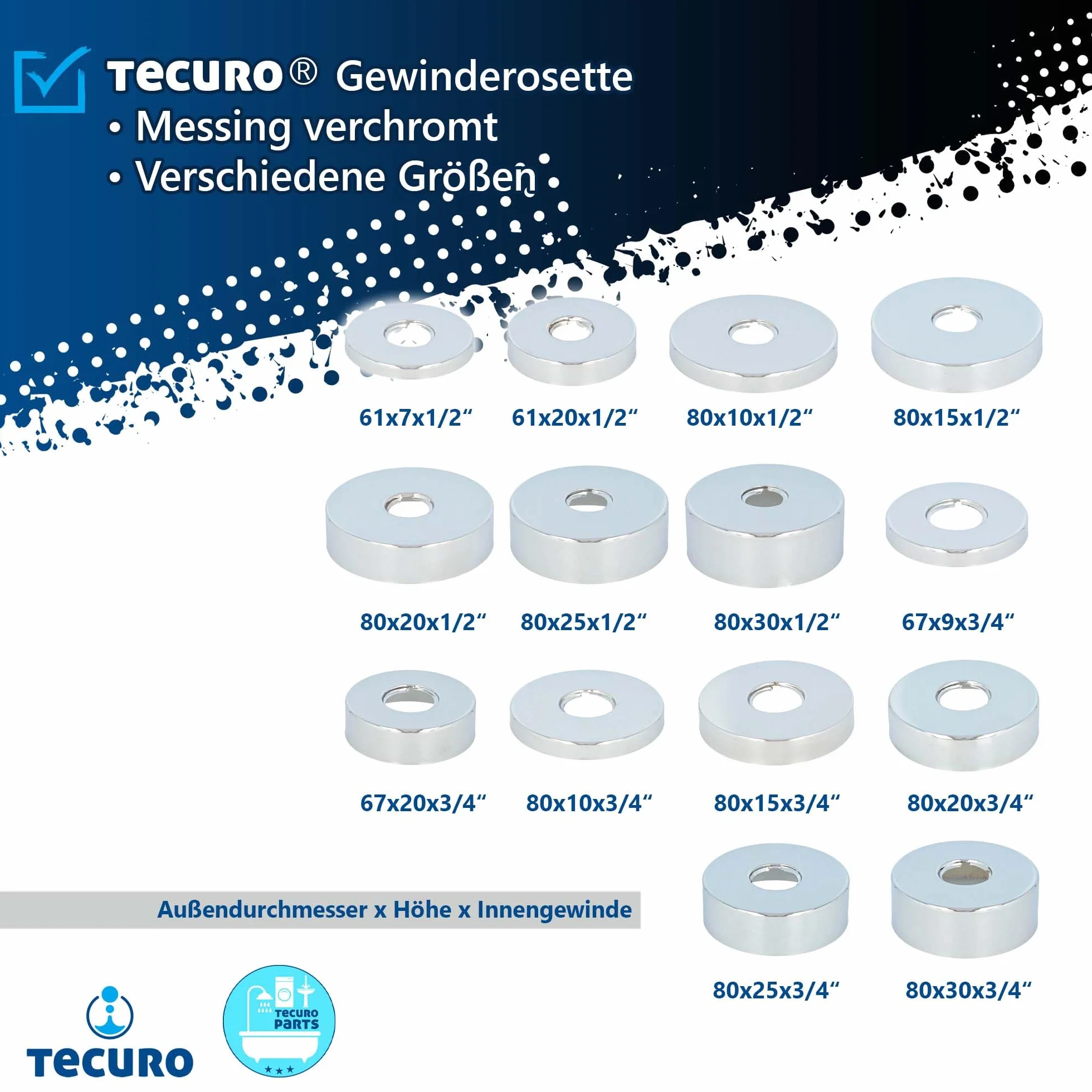 tecuro Gniazdo gwintowane (3/4) Ø 27 mm x Ø 80 mm x wysokość 30 mm, chromowany mosiądz