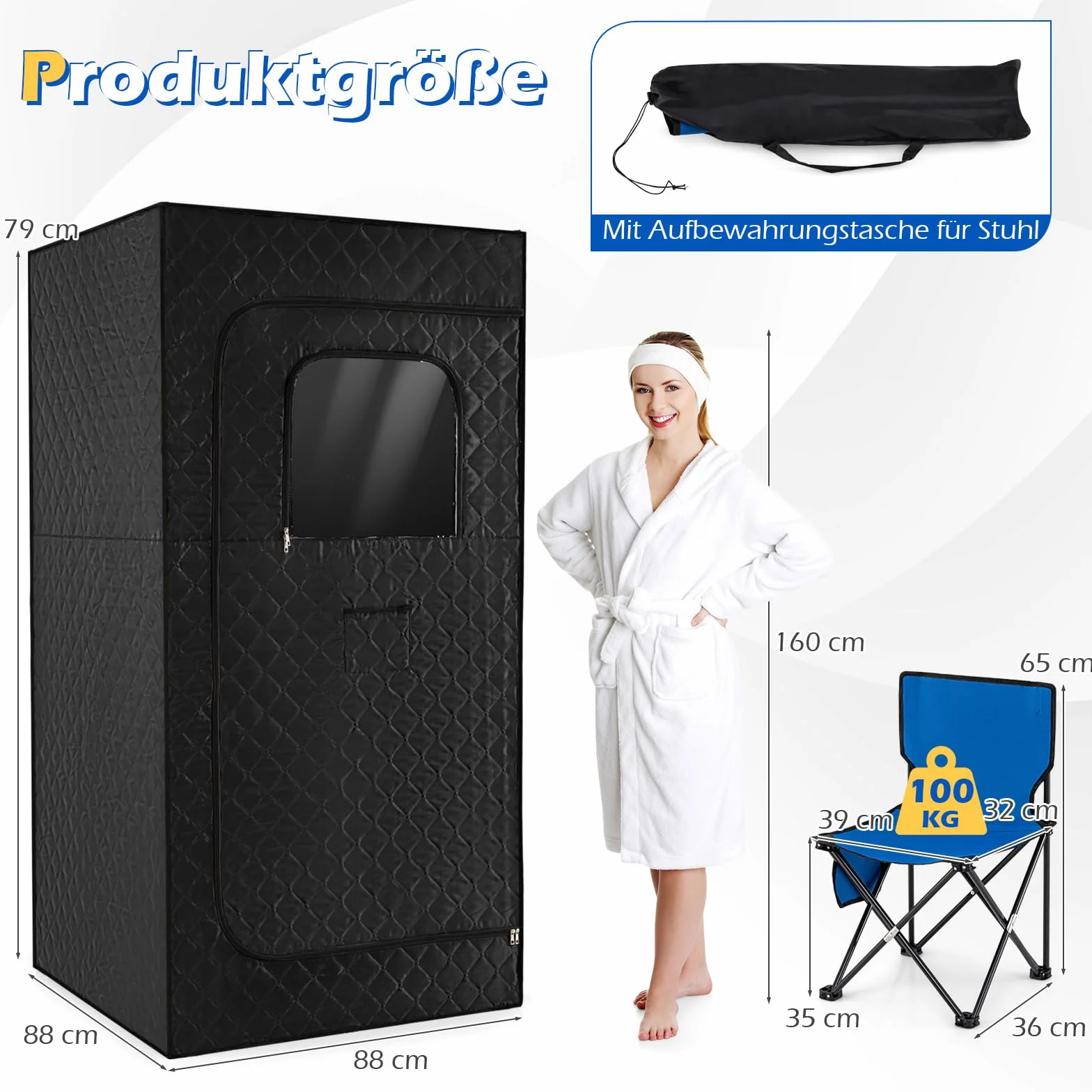 COSTWAY Sauna parowa 3 l, 1200 W, namiot do sauny z 15-stopniową regulacją temperatury, pilot zdalnego sterowania, timer, składane krzesło i mata, przenośna sauna domowa (88 x 88 x 179 cm, czarna)