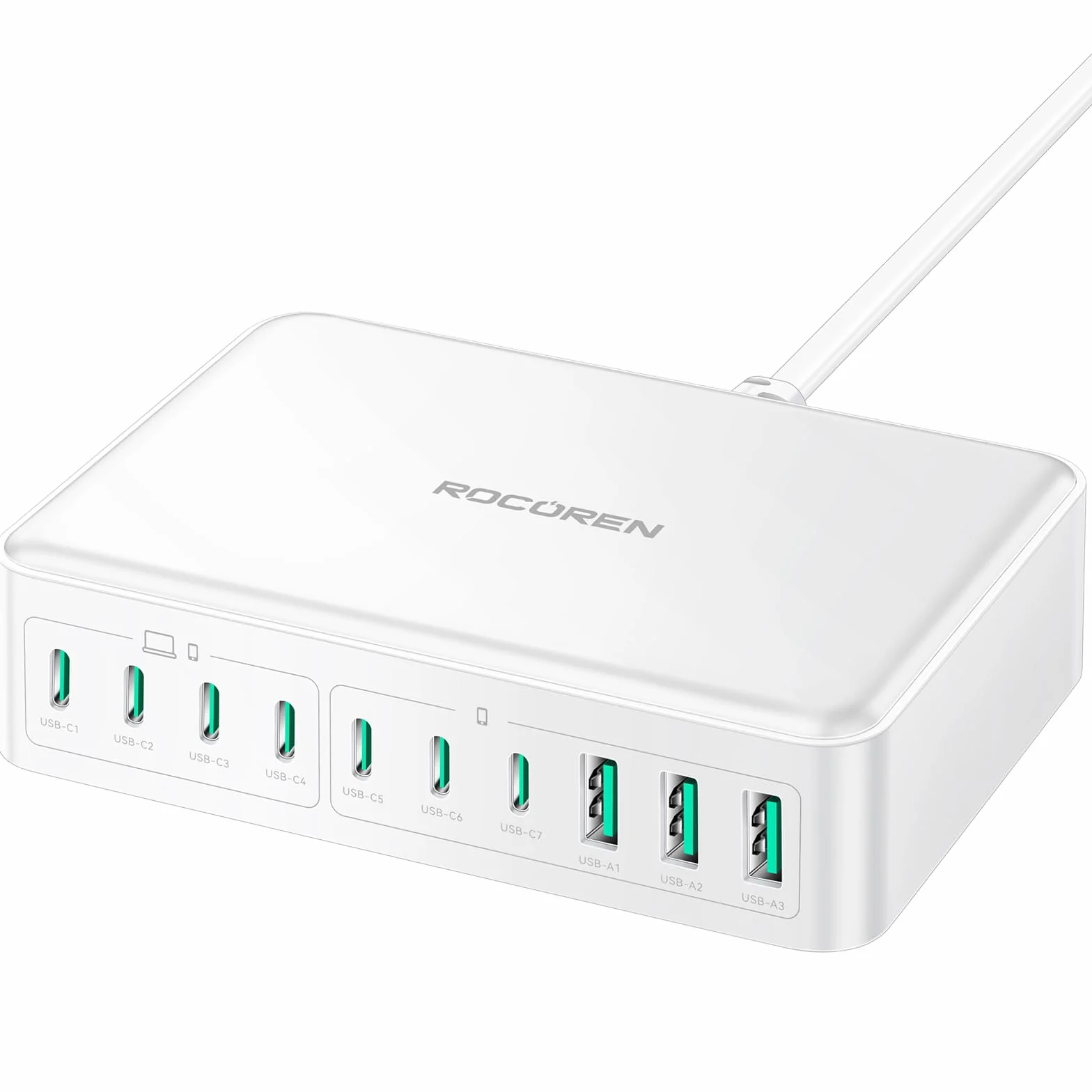 Rocoren 480 W GaN USB-C ładowarka wielokrotna 10-portowa PD100W QC4.0 PPS 4-stacja ładująca do laptopów z przedłużaczem 1,5 m