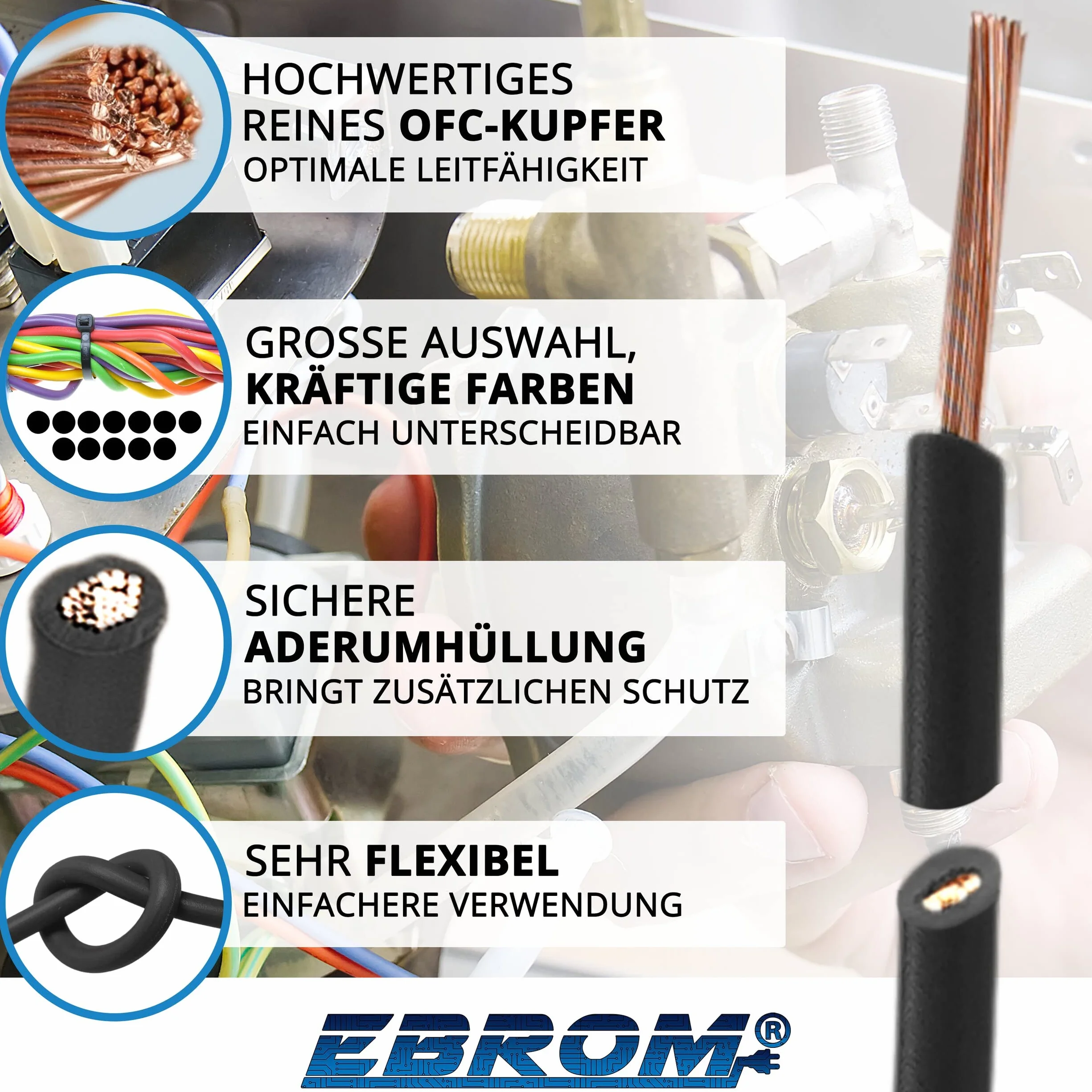 Przewód żyłowy przewód okablowania – pojedyncza żyła elastyczna 1,5 mm² – przewód PCW – H07V-K 1,5 mm² – kolor: czarny – dostępna w wielu długościach w odstępach 5 metrów, długość: 10 m