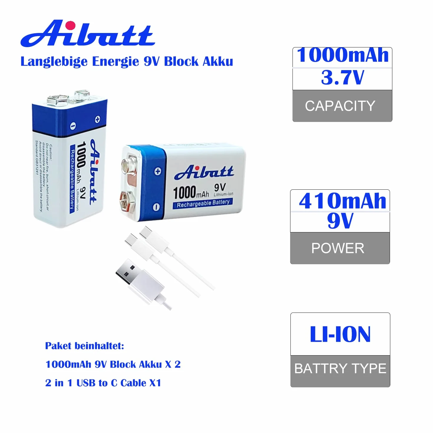 Akumulator blokowy 6F22 Li-ion 9V 1000 mAh z przyłączem USB-C do mikrofonu, czujnika dymu