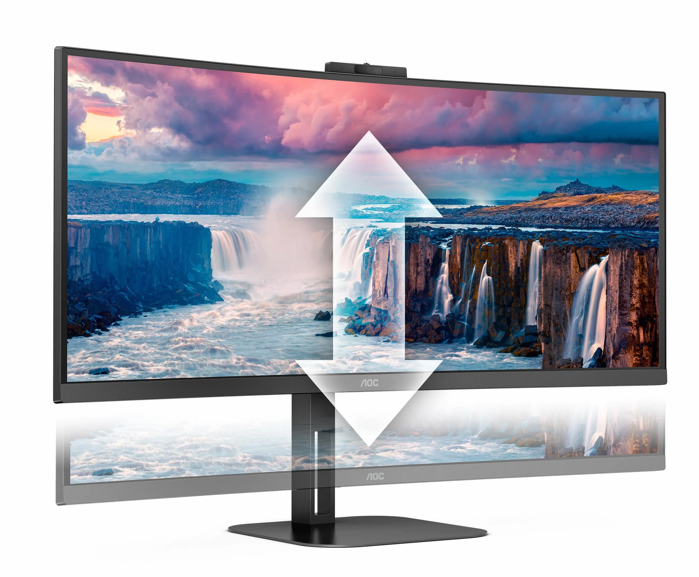 AOC CU34V5CW - 34-calowy zakrzywiony monitor QHD, 100 Hz, VA, kamera internetowa, stacja dokująca USB-C, zasilanie 65 W, koncentrator USN, regulacja wysokości, głośniki (3440 x 1440 przy 100 Hz, 300