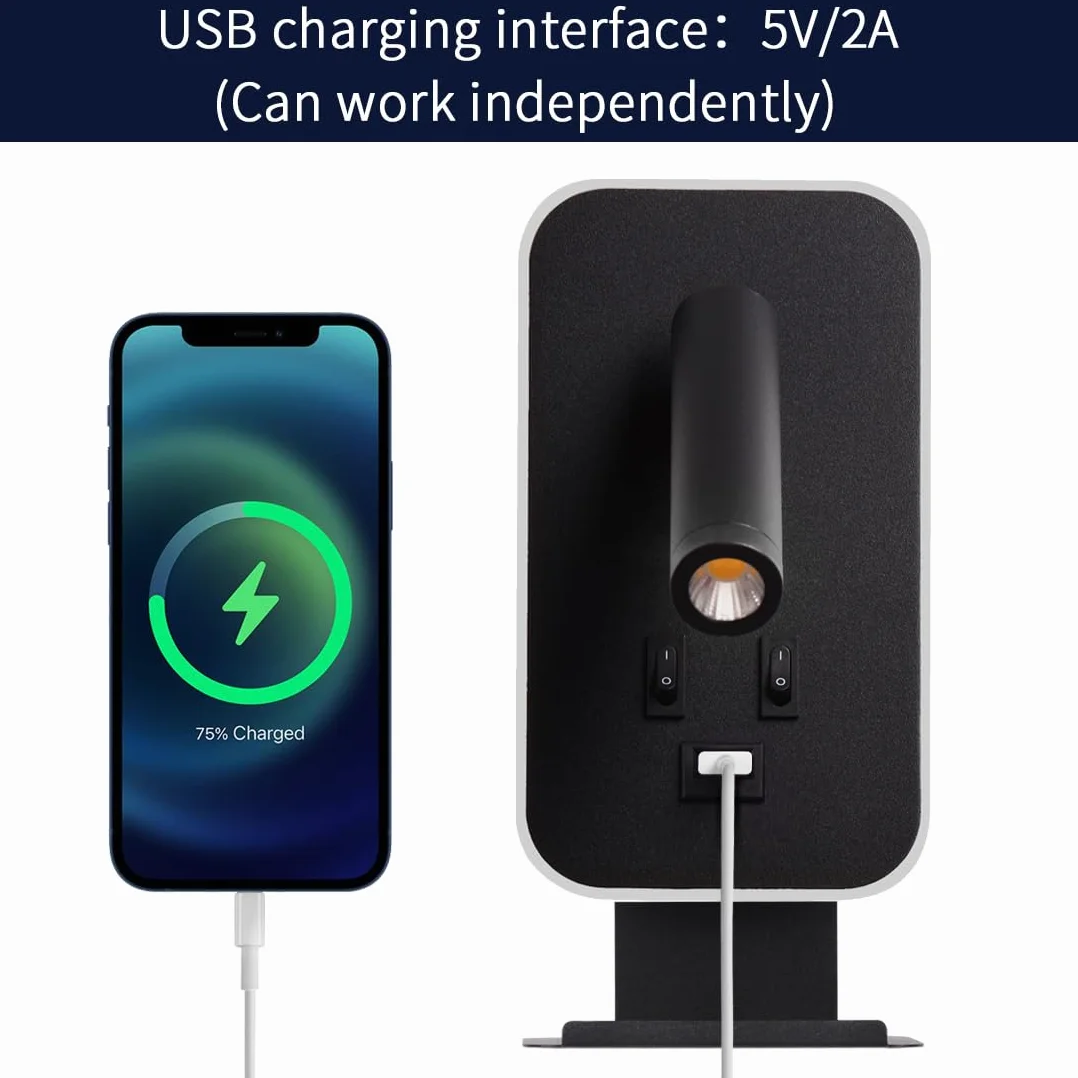 Nowoczesna lampa ścienna LED, 3W lampa do czytania, Met USB-oplaadpoort en telefoonhouder,obracana o 350°, 9W lampa ścienna LED, z przełącznikiem, do sypialni, salonu, gabinetu,3100K (Czarny)