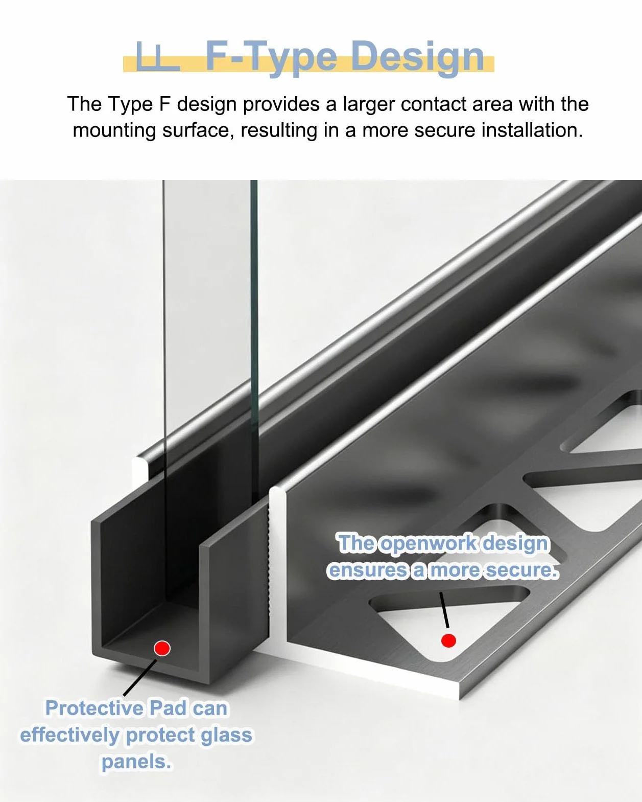 Profil Typu U do Szkła Profil Aluminiowy Typu F do Szkła Bezramowego | Profil Mocujący Krawędź, Szczelina Montażowa Ścianki Działowej w Łazience(Black,L2.6m(8.5ft))