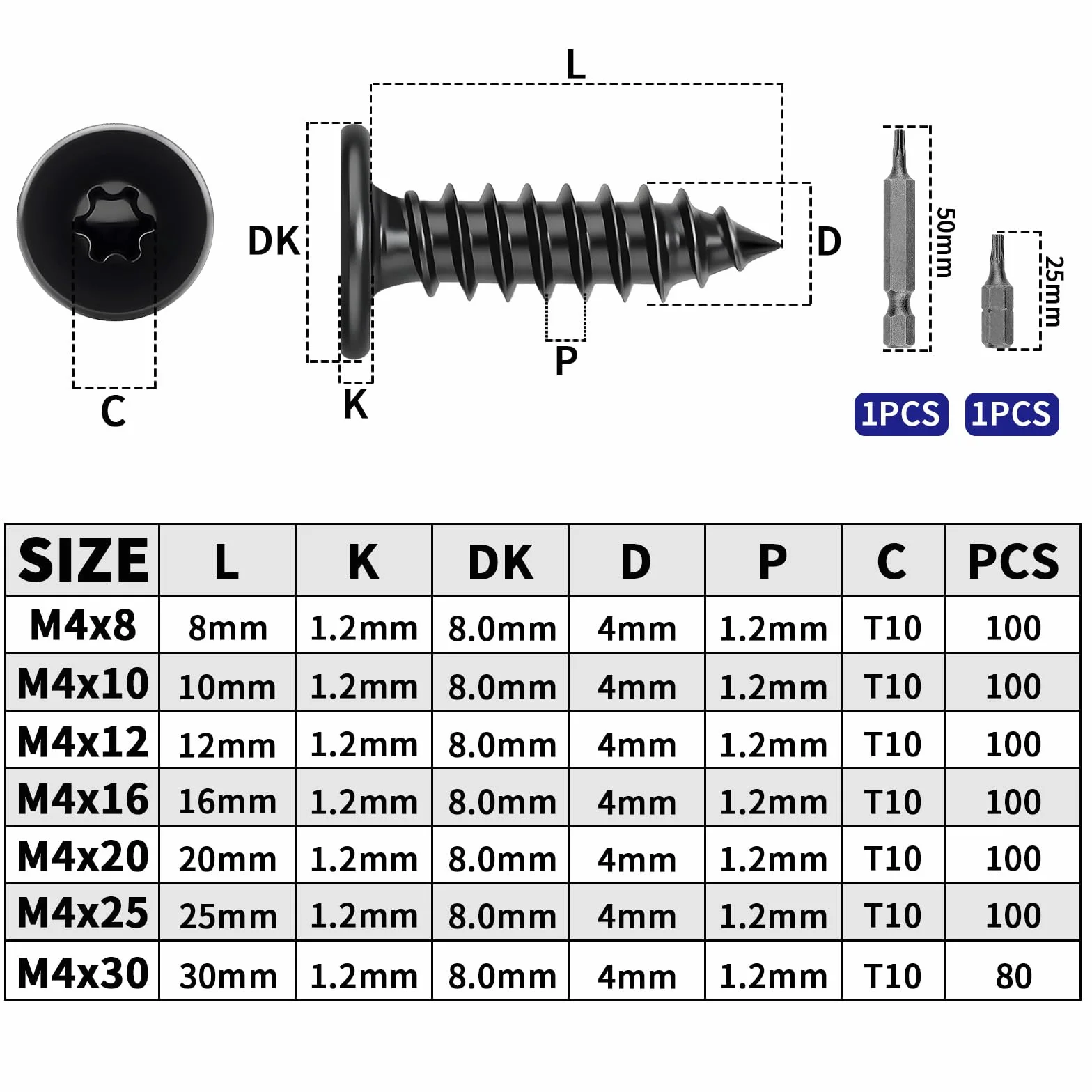 Wkręty do drewna M4 x 10 mm, stal nierdzewna, 100 sztuk, wkręty samogwintujące Torx, czarne, śruby ze stali nierdzewnej, wkręty do drewna, wkręty z płaskim łbem
