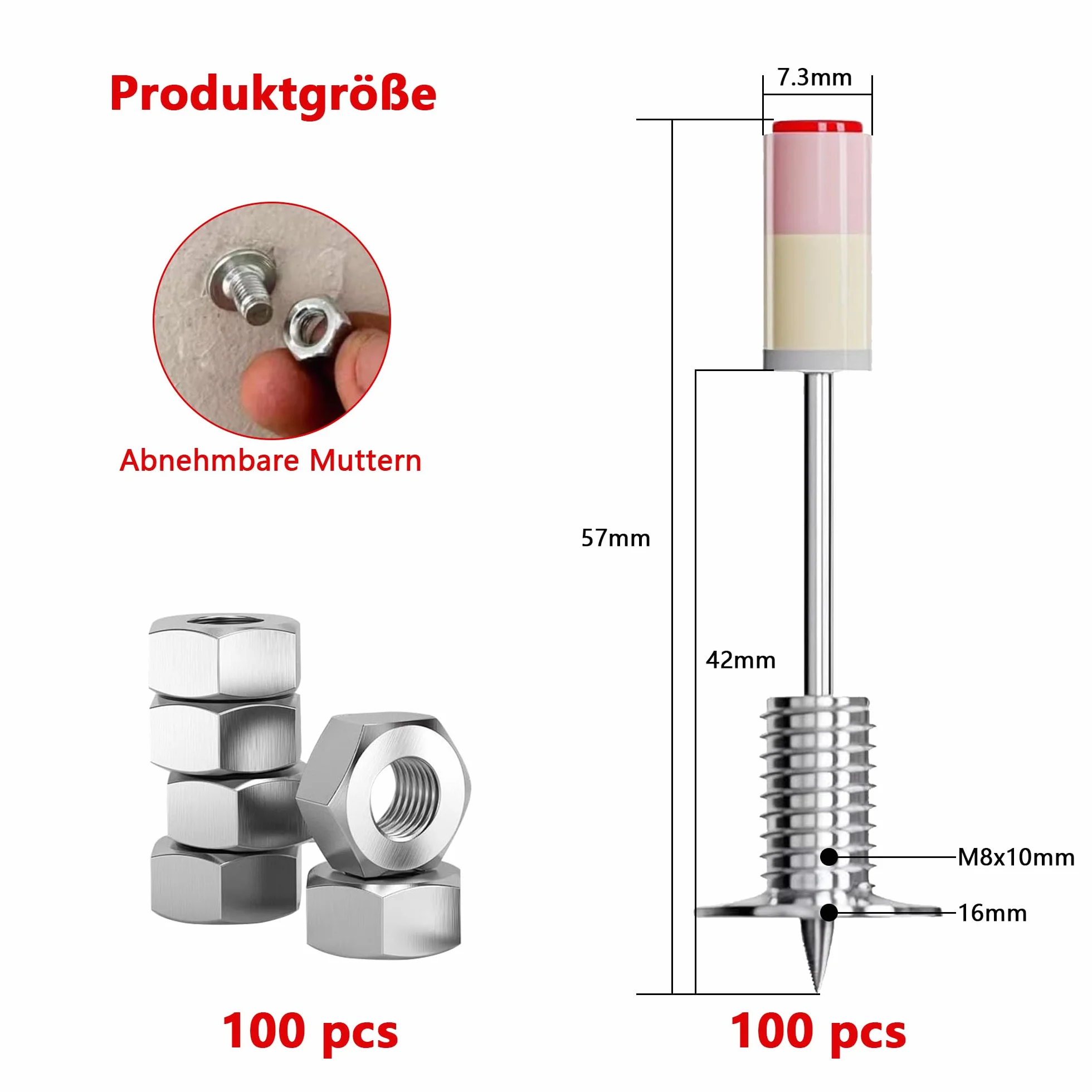 Gwoździe do pistoletu do paznokci z nakrętkami: 100 sztuk, 7,3 mm, okrągłe gwoździe do mini pneumatycznego pistoletu do paznokci do sufitów, ścian, stali, ścian betonowych (srebrne, 100 sztuk)