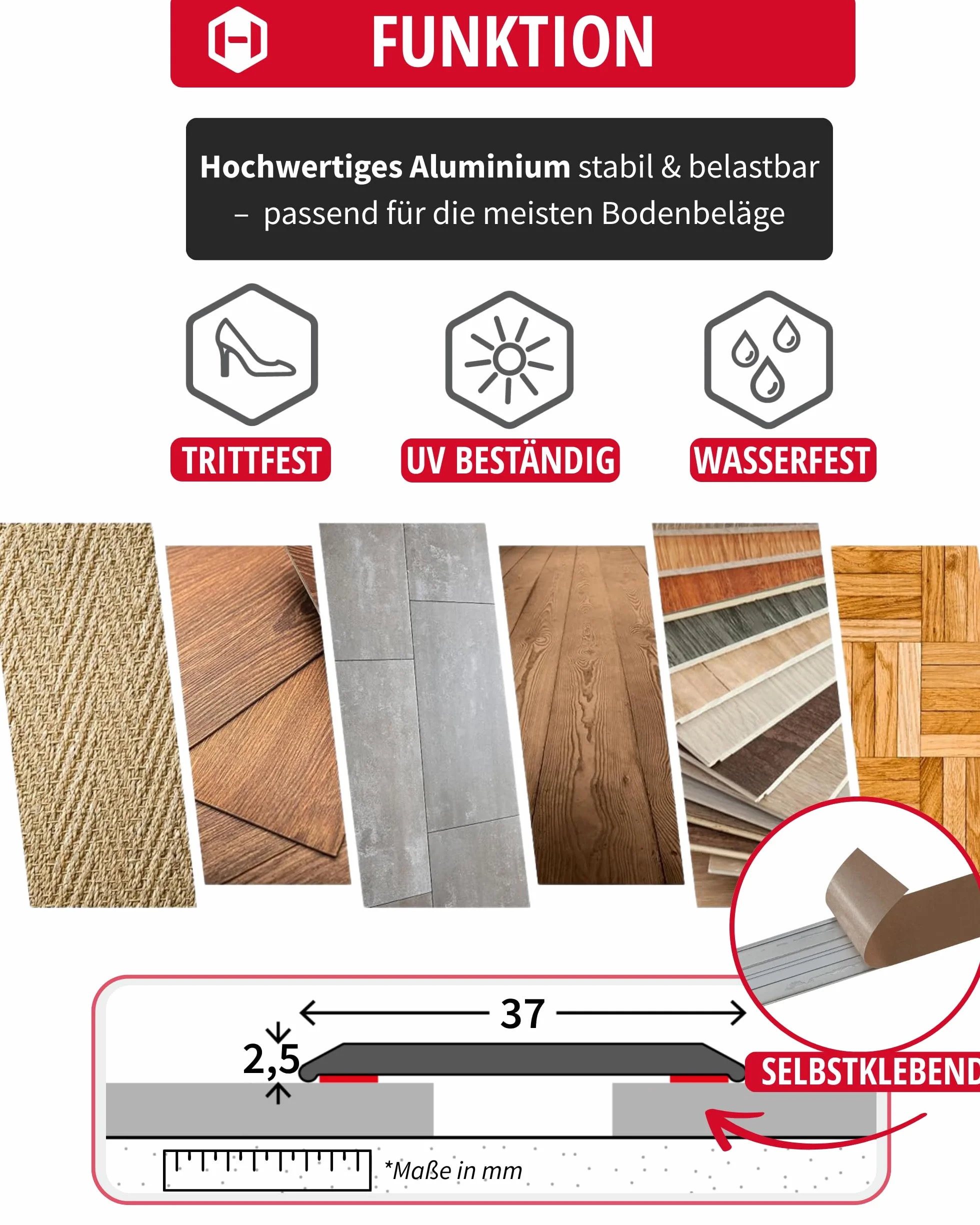 Gedotec Profil przejściowy, samoprzylepny, srebrny, 1000 mm, aluminium, długość 1 m, szerokość 37 mm, wyprodukowano w Niemczech, szyna przejściowa anodowanego aluminium, listwa przejściowa bez