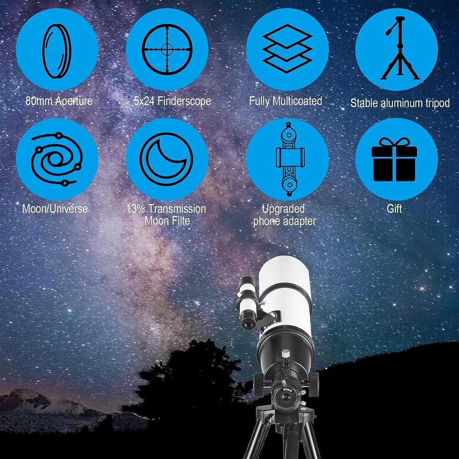 Celticbird Teleskop astronomiczny teleskop refrakcji dla dorosłych i początkujących - AZ Mount z plecakiem, filtr księżycowy 80560
