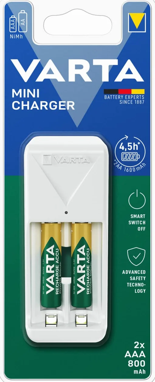 Varta MiniładowarkaMiniChargerna2akumulatoryniklowo-metalowo-wodorkowe(NiMH) AA,AAA(wtym2xakumulatorAAA800mAh),wtyczkaUE