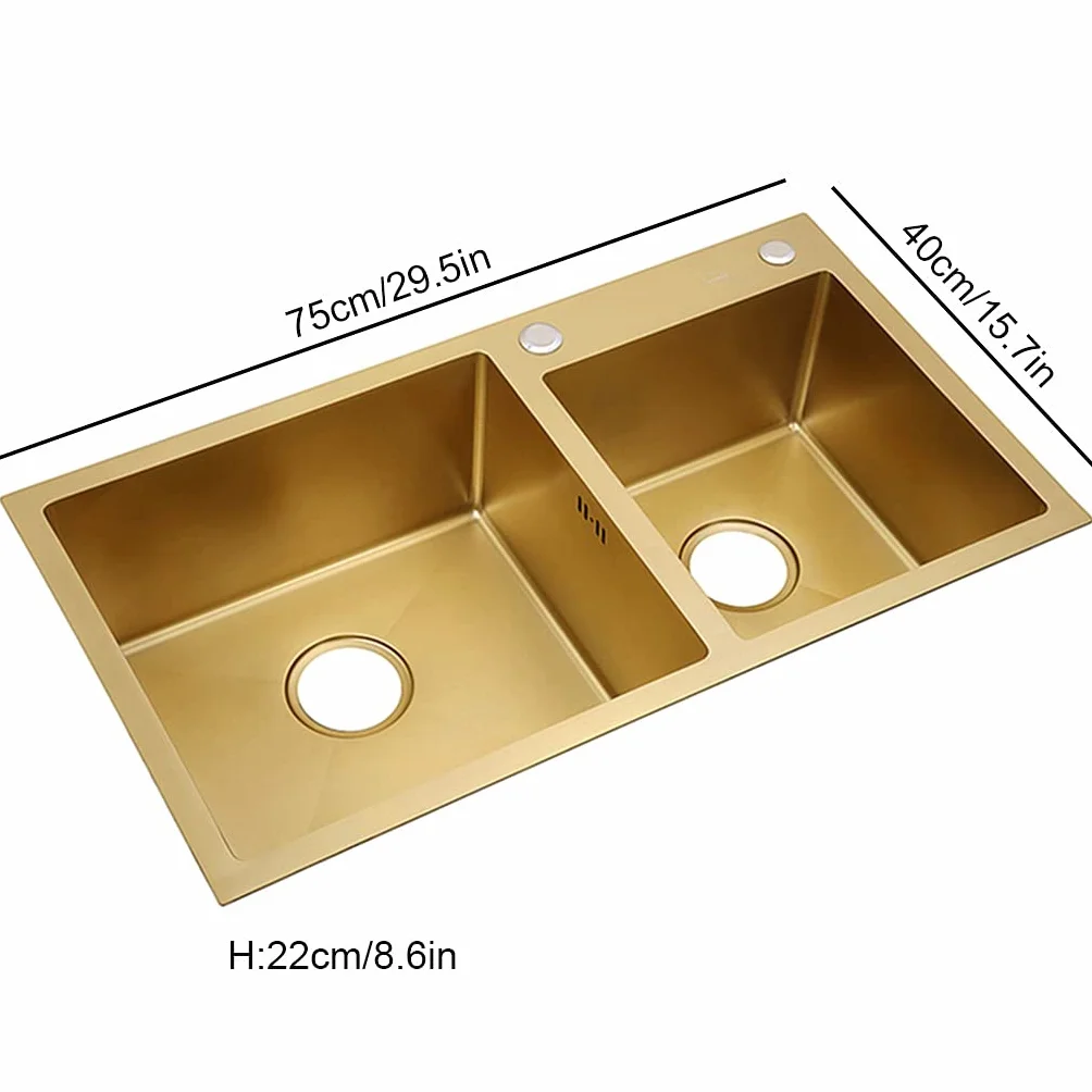Zlewozmywak kuchenny. Szczotkowane złote podwójne miski ze stali nierdzewnej Drop In Kitchen Decoration Drop-In Or Undermount Nadaje się do kuchni Dziedziniec Biuro Bar Pralnia Koryto