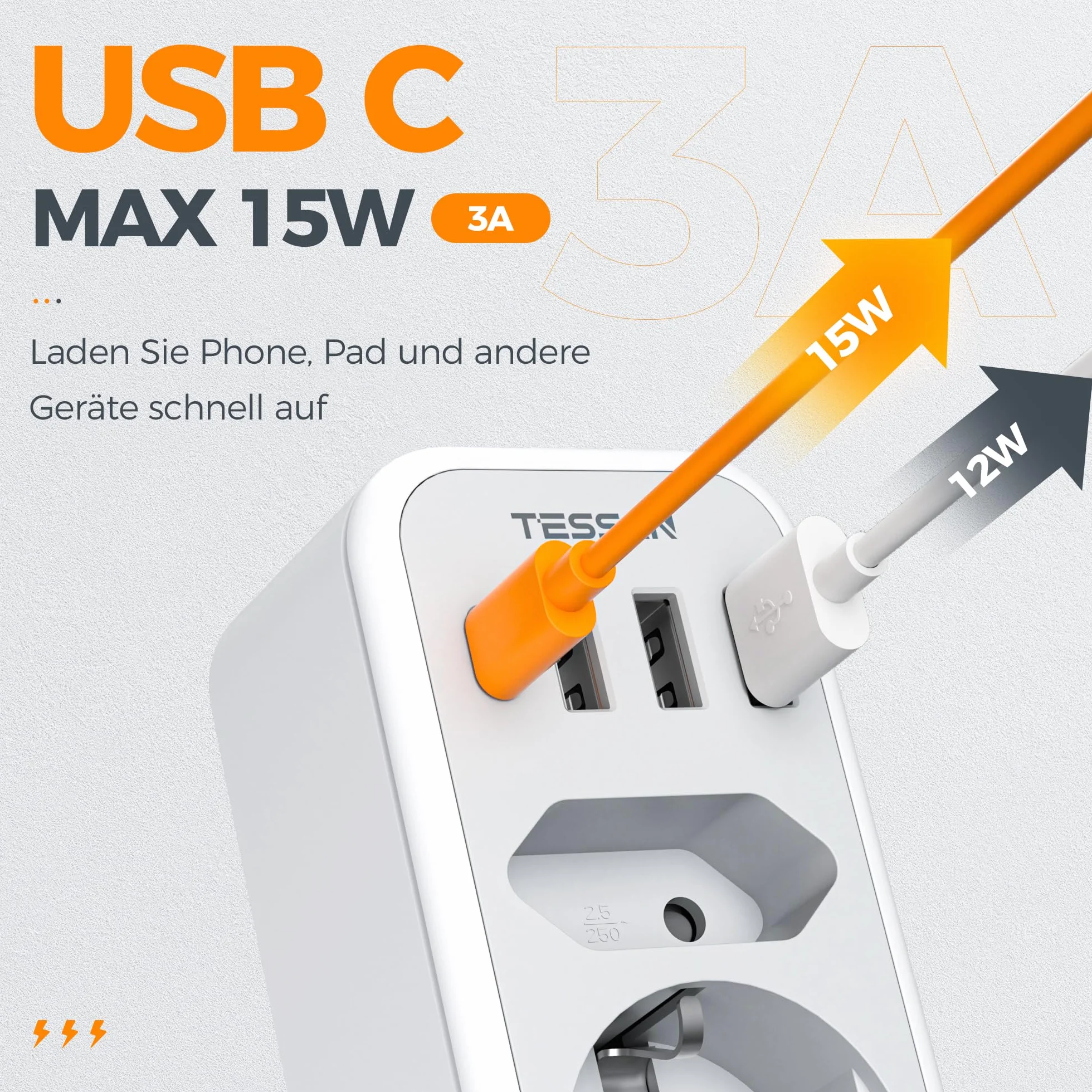 TESSAN Podwójna Wtyczka do Gniazda, Gniazdo Wielokrotne Gniazdo USB C, Adapter Gniazda 2 Drożny z 4 Wtyczkami Zasilającymi USB, Wielopunktowa Wtyczka do Gniazda i Adapter USB C, Szary