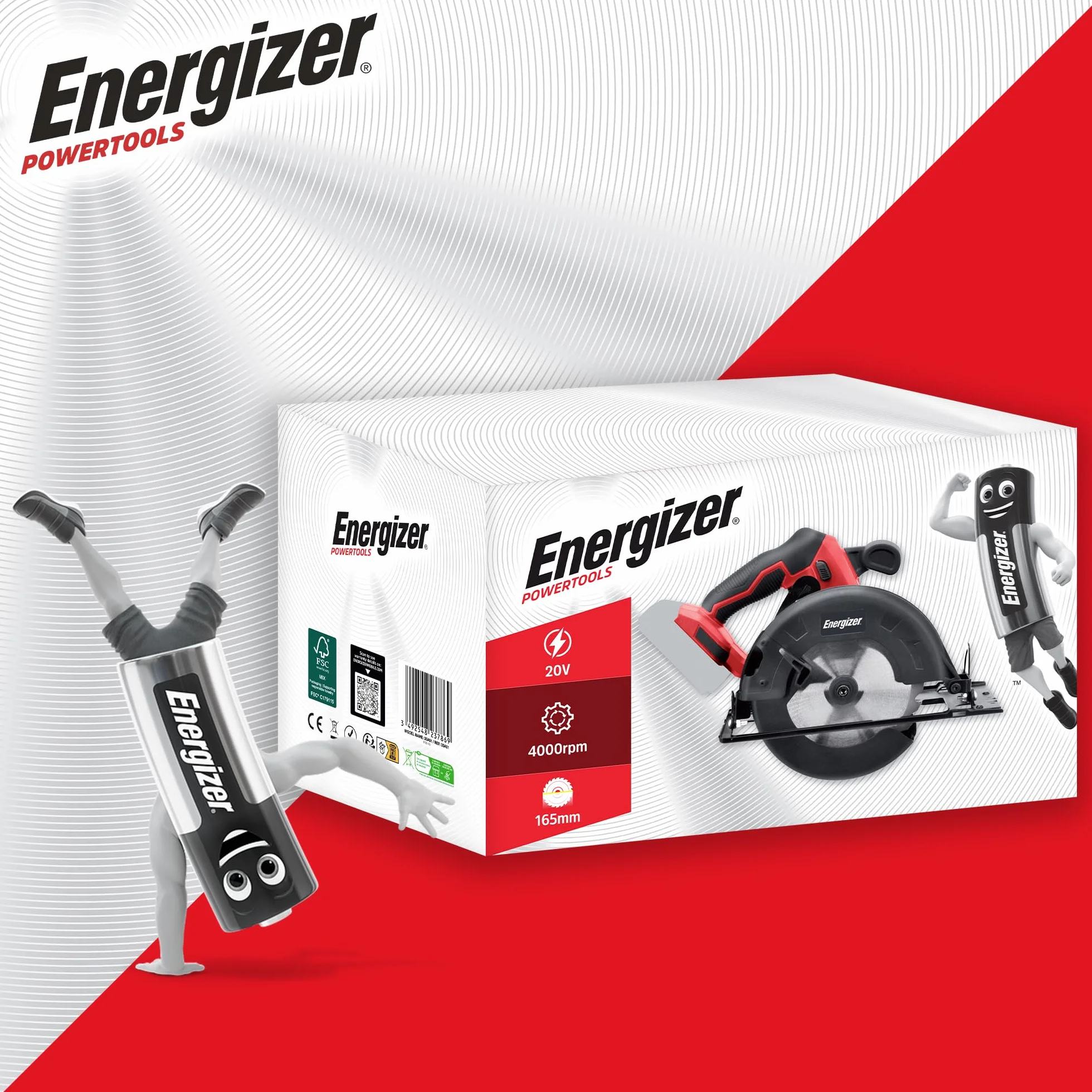 Energizer - akumulatorowa piła tarczowa 20 V (Baterie w zestawie) - 4000 RPM - ostrze 165 mm/cięcie do 45 mm (33 mm do 45°) - szyna ślizgowa + klucz zmiany biegów + ostrze do drewna w zestawie