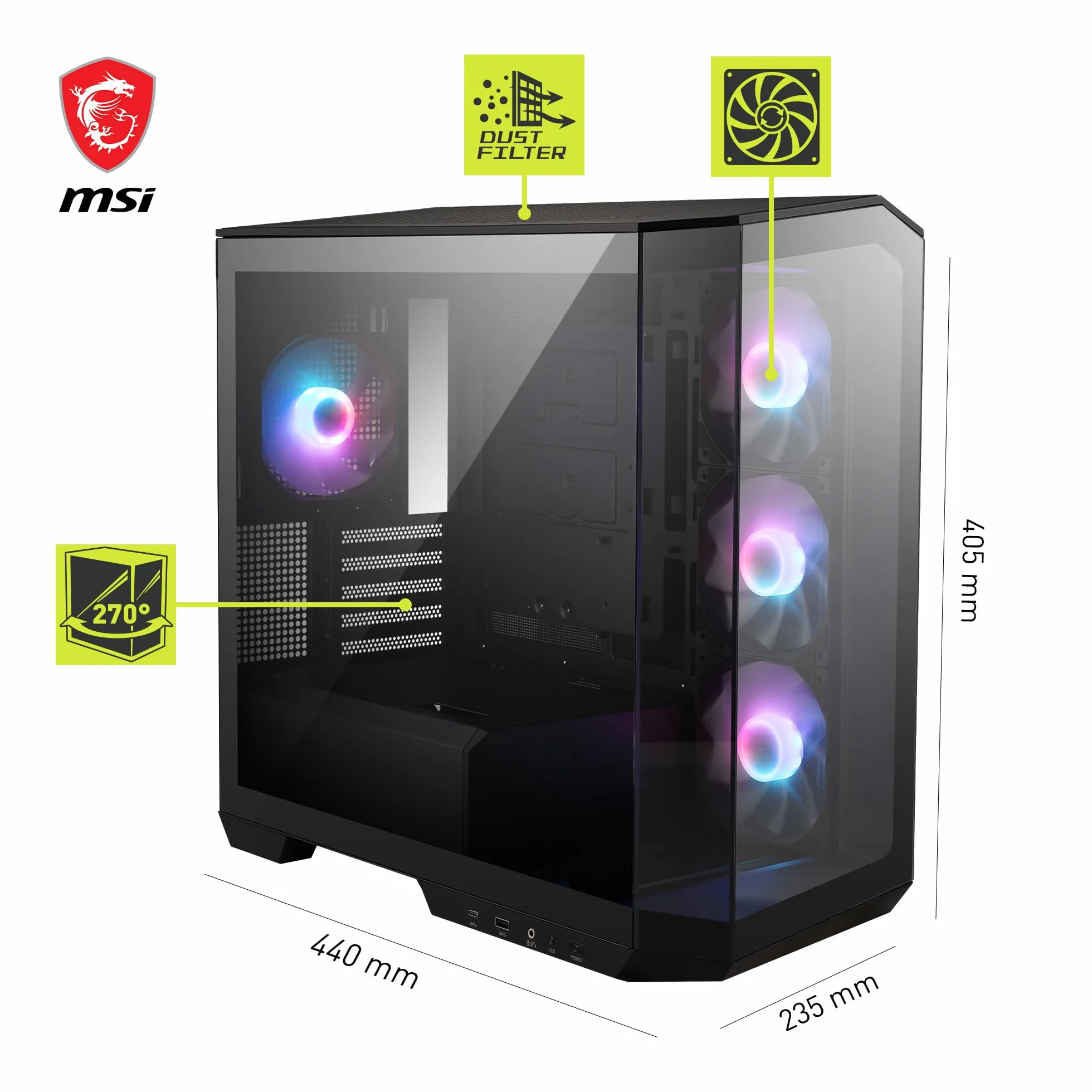 MSI MAG PANO M100R PZ mATX obudowa PC 3x120 mm wentylator ARGB Reverse Blade ARGB 120 mm koncentrator