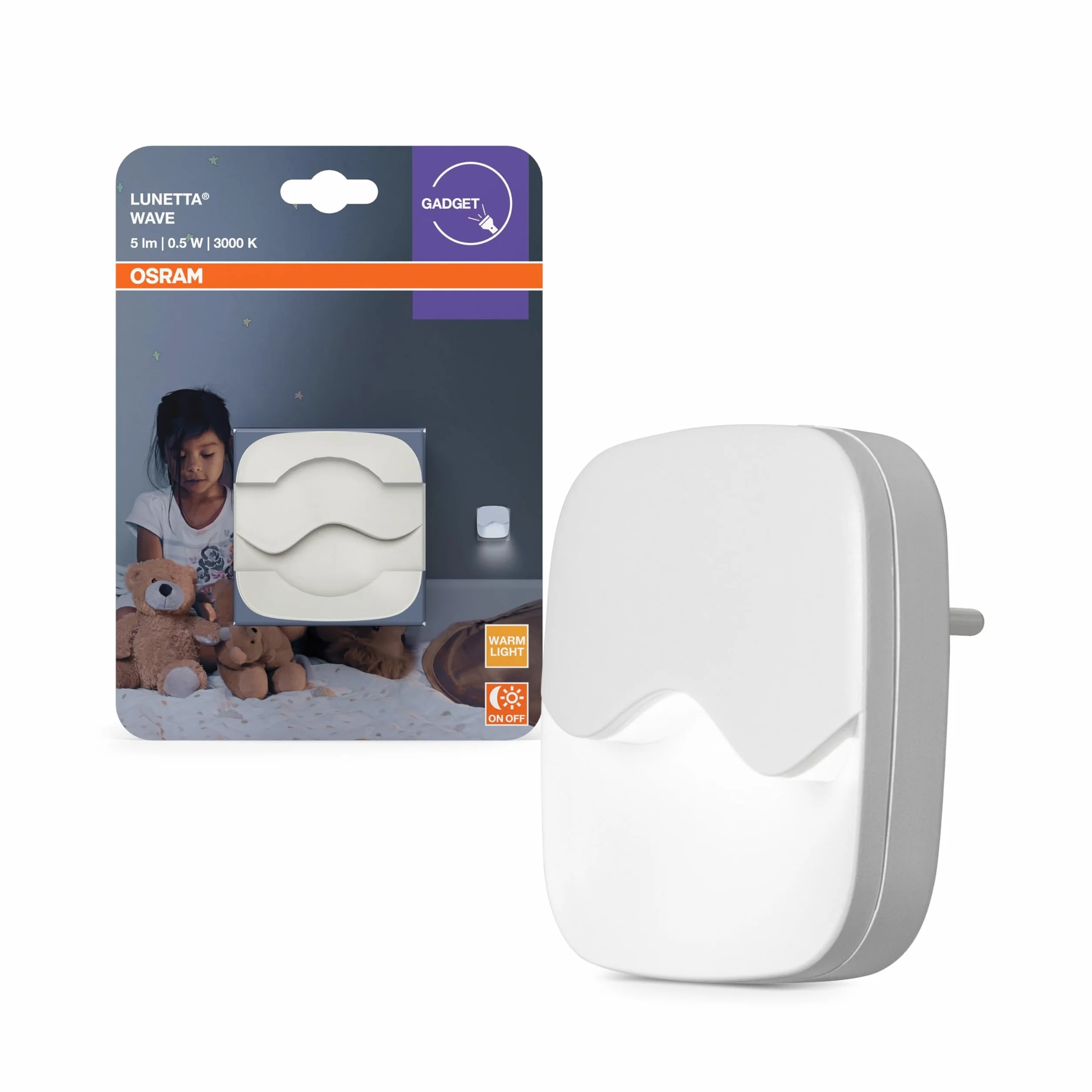 OSRAM Lampka nocna LUNETTA Wave w kolorze białym wykonana z tworzywa sztucznego, ciepłe białe światło, stopień ochrony IP20, do pokoju dziecięcego i wnętrz