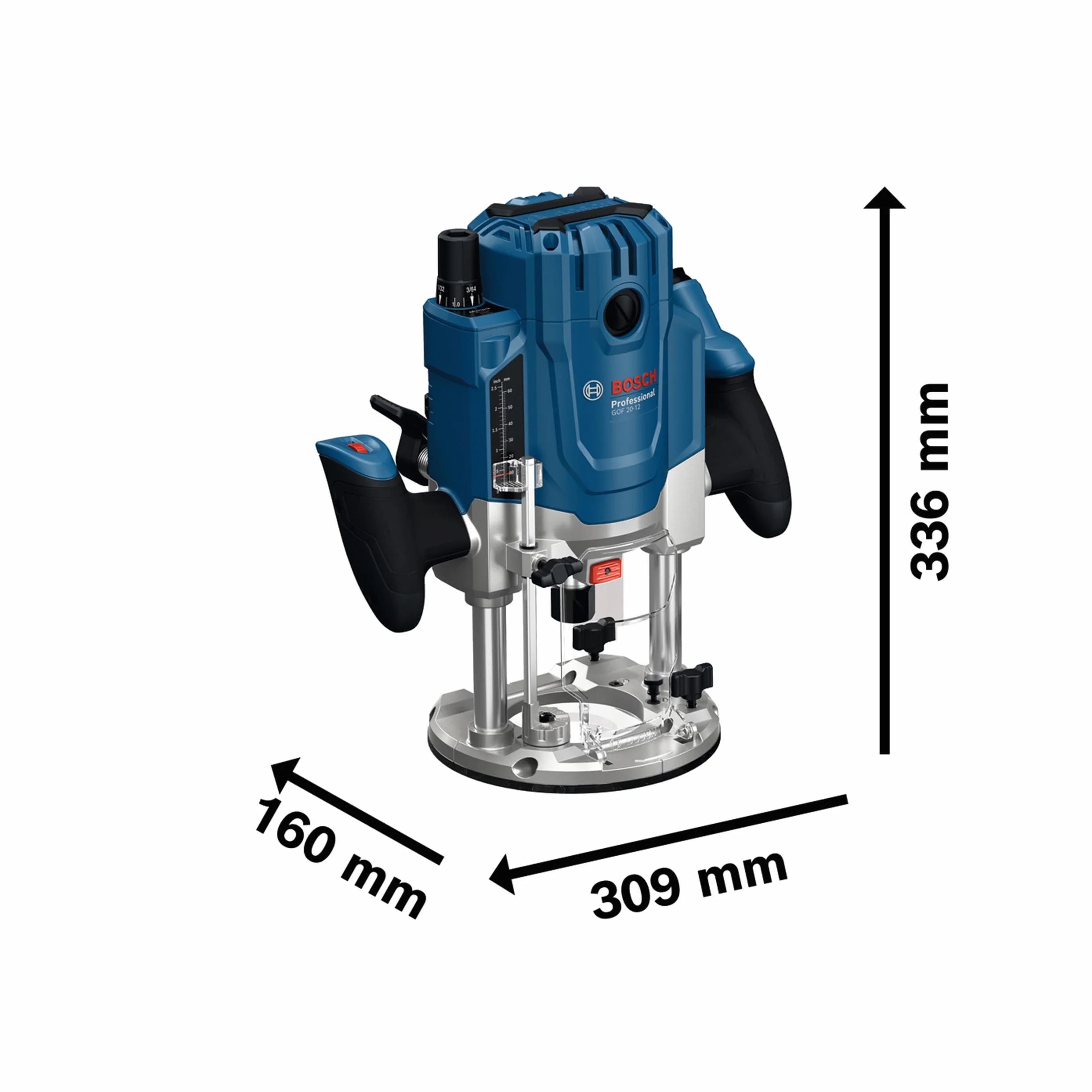 Bosch Professional Sieciowa frezarka górnowrzecionowa GOF 20-12 (moc nominalna 2 000 W, adapter do odsysania pyłu, prowadnica rolkowa i równoległa, zestaw tulei)