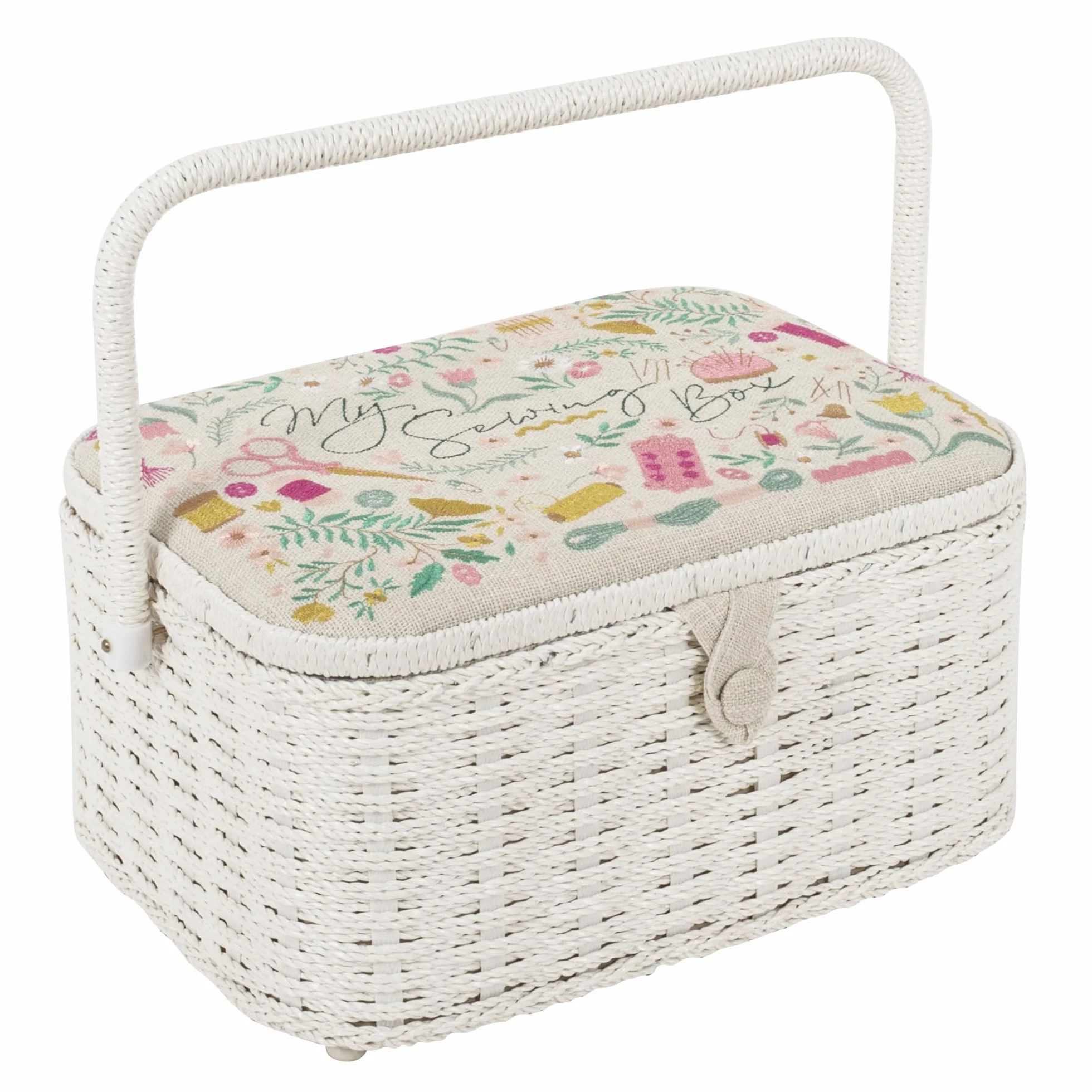Hobby Gift Owalna skrzynka na przybory do szycia - duża, wygląd bawełny i lnu, haftowany wzór „Ma Couture”, boki i uchwyt z wikliny, wewnętrzna tacka, kieszeń i poduszka na szpilki, 23,5x31,5x16cm