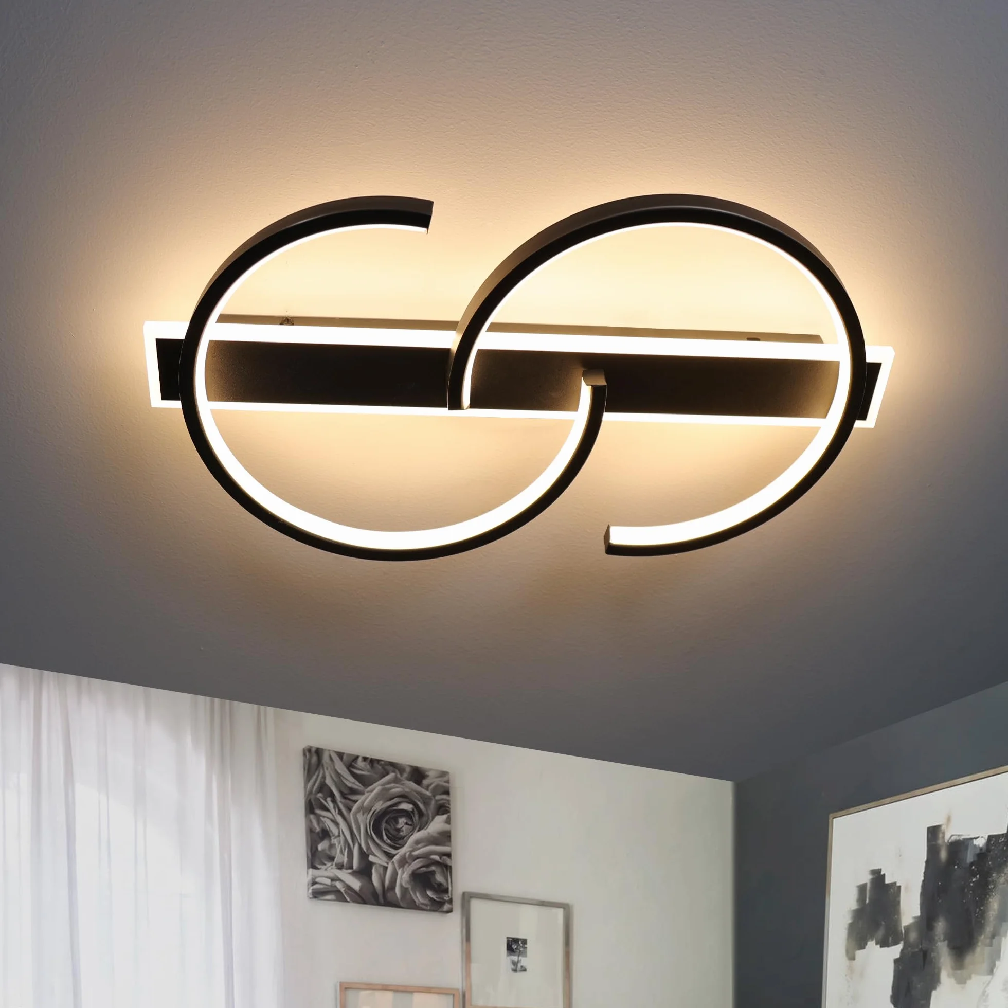 LUOLONG Lampa sufitowa LED ściemnialna czarna lampa do salonu 35 W z pilotem 2 pierścienie lampa sufitowa do sypialni gabinet nowoczesne oświetlenie sufitowe led-40 cm Schwarz