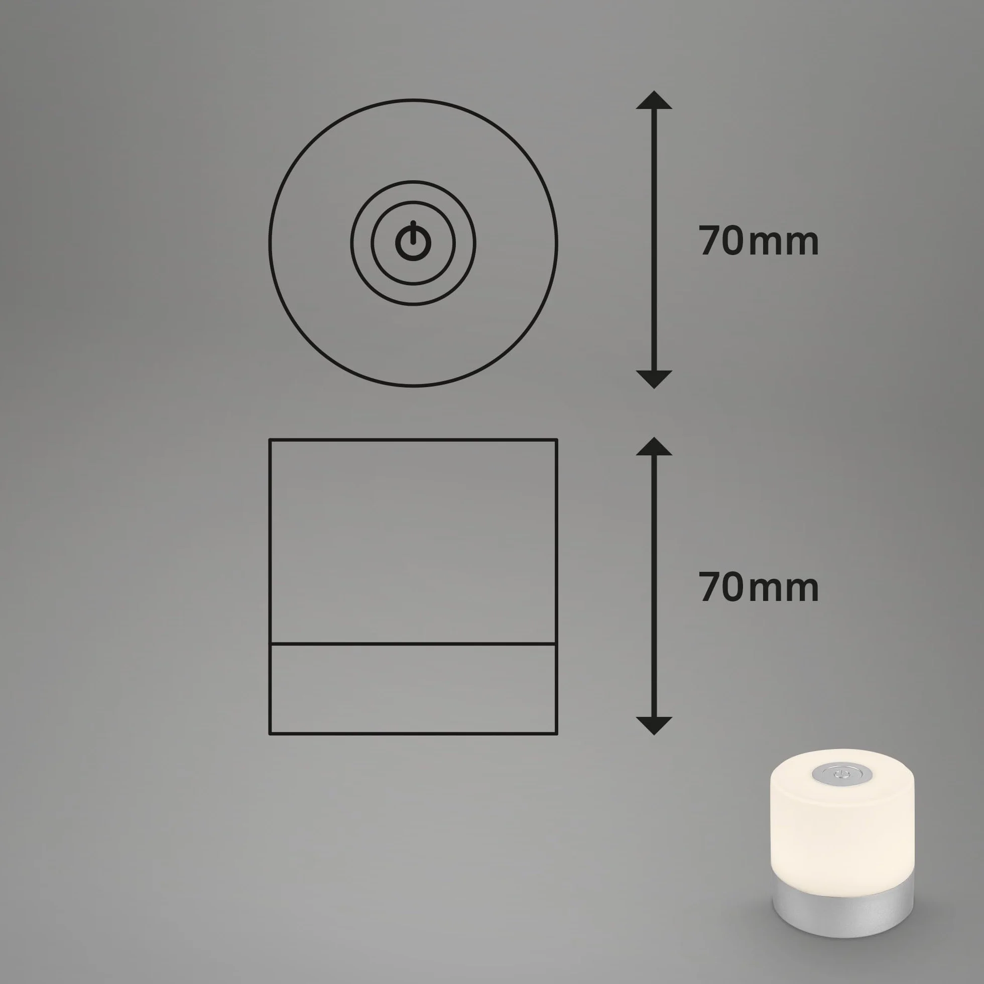 BRILONER – Mini lampka stołowa LED bezprzewodowa, Touch ściemniana, lampka nocna dla niemowląt, USB-C, do czytania i biurka, Ø70x70mm, srebrna, matowy chrom – elegancja i wygoda użytkowania