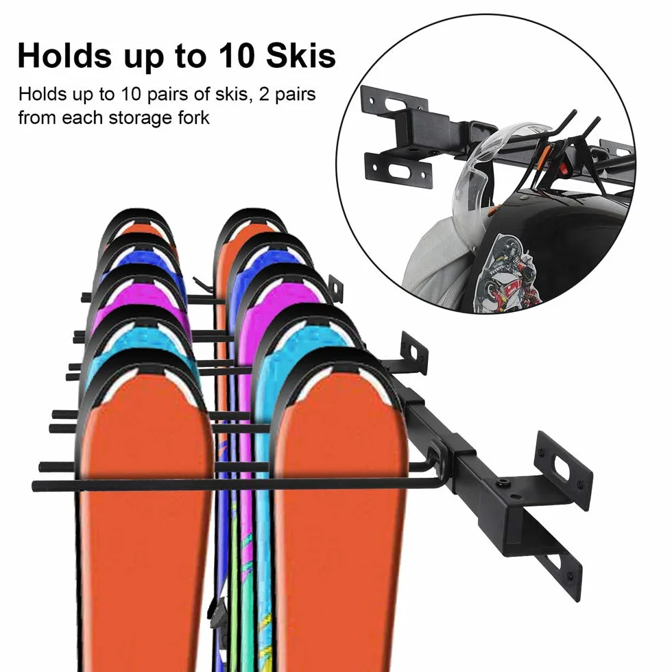 ANTOPY Regał do przechowywania nart i snowboardu, uchwyt ścienny, wysokowydajny metalowy regał ścienny, pomieści do 10 par, do przechowywania w domu i w garażu, organizer, 3 stojaki