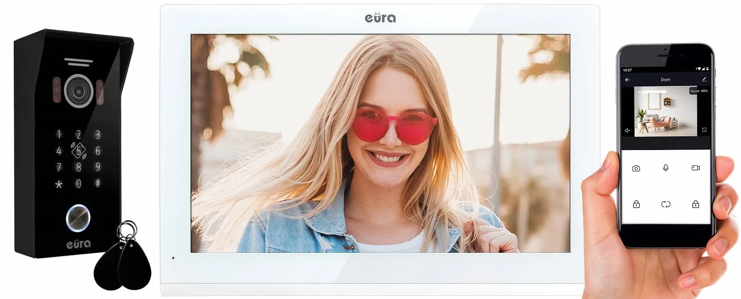 EURA VDP-99C5 4-przewodowy wideodomofon, kolorowy monitor 10", 2 wejścia, WiFi, szyfrowanie, RFID, 1080p, kolor biały