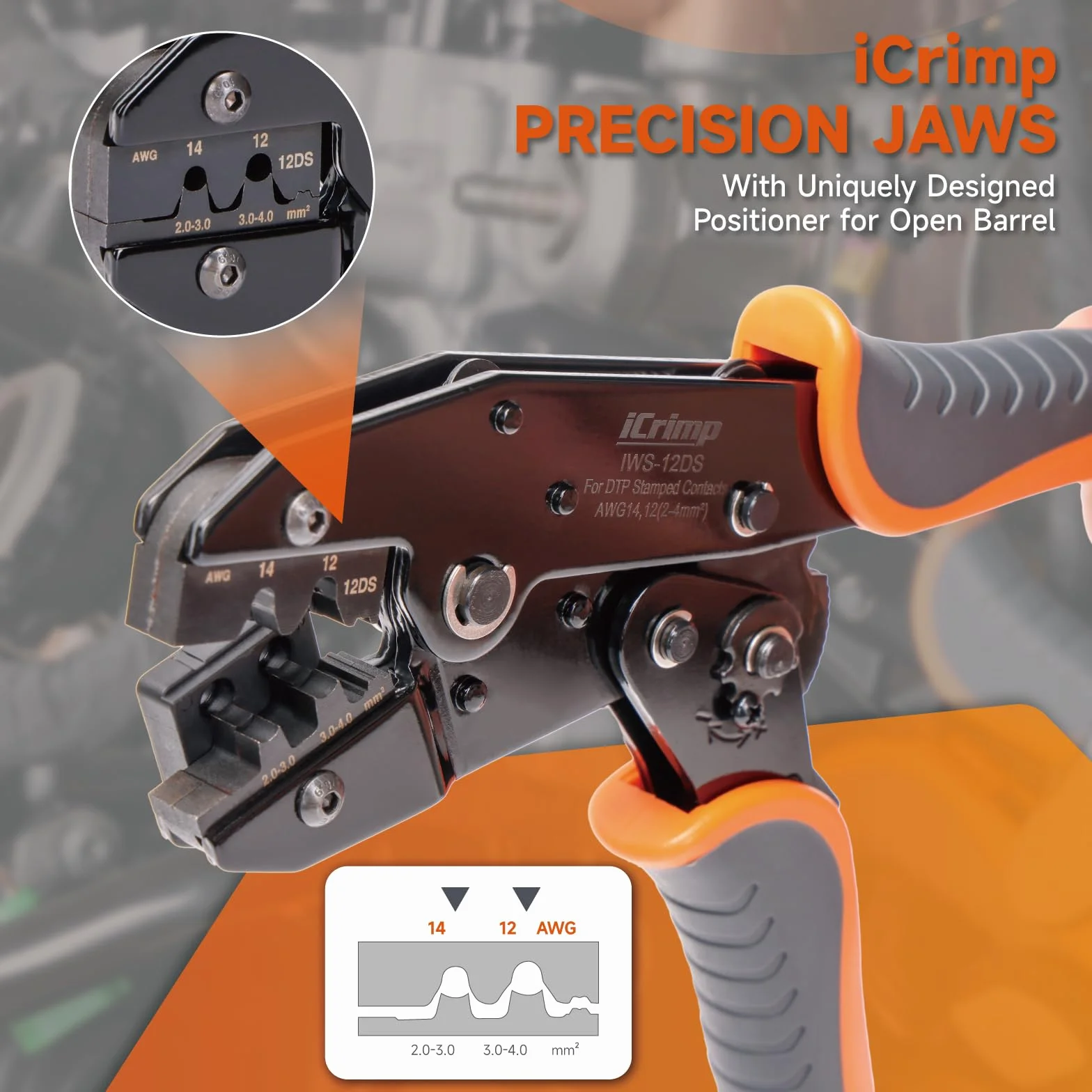 iCrimp Narzędzie do zaciskania otwartego styku z pozycjonerem, pasuje do złączy serii Deutsch DT 2–4 mm², zaciski 14/12 AWG, precyzyjne narzędzie do zaciskania zapadkowego do zastosowań