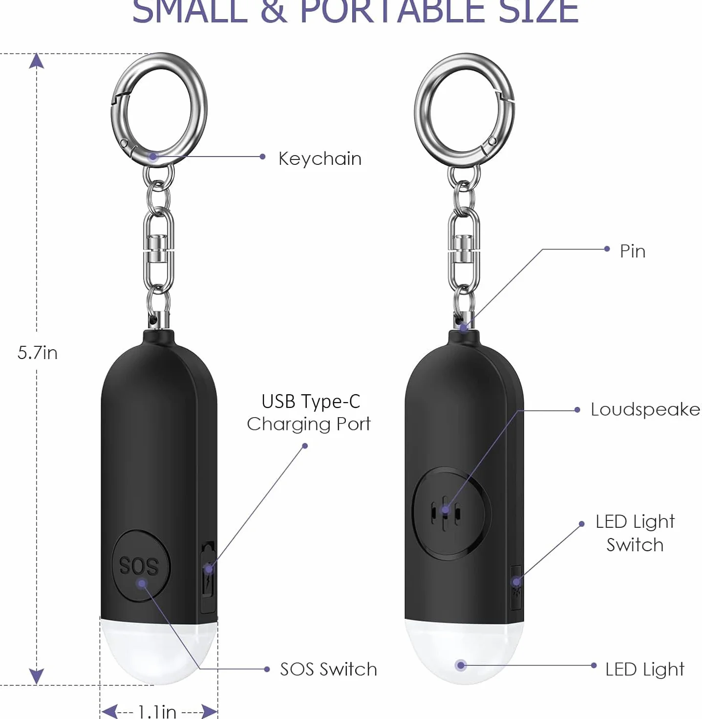 Osobisty alarm 130 dB, syrena ze stroboskopem LED, sygnał błyskowy LED, ładowany przez USB, breloczek do kluczy