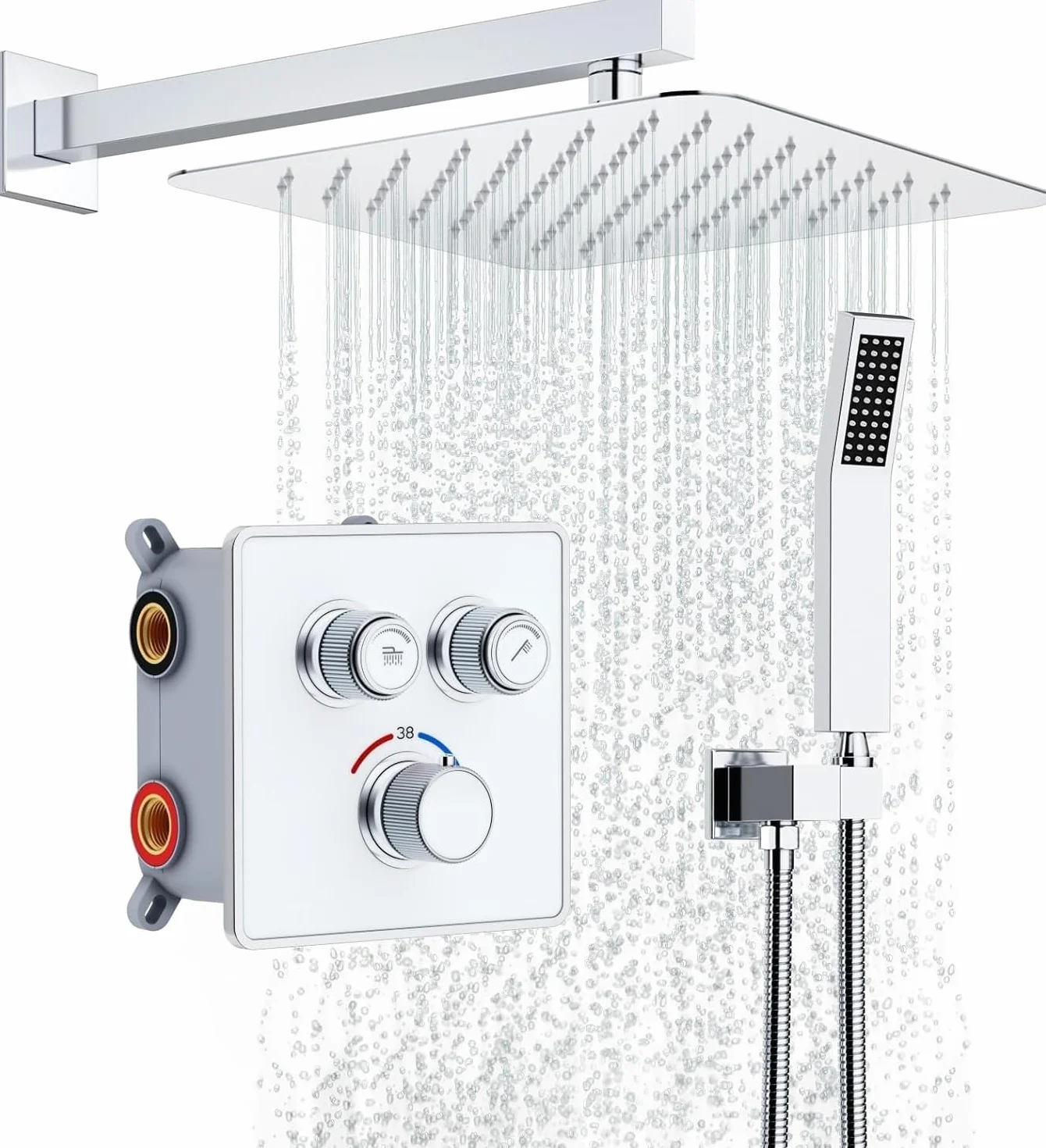 Rainsworth System prysznicowy podtynkowy z termostatem 38℃, regulowany przepływ wody, podtynkowa armatura, zestaw z deszczownicą 30 x 30 cm