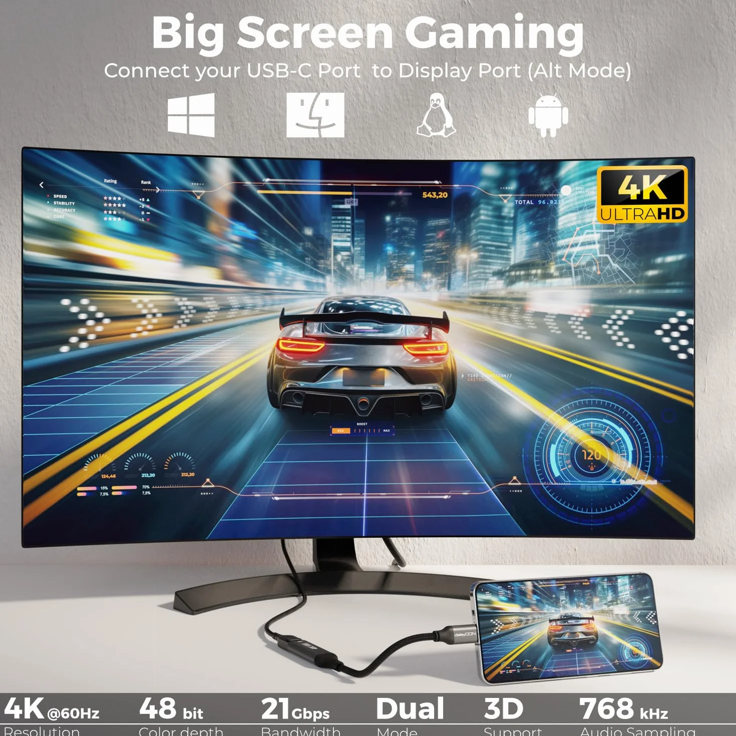 deleyCON 4K USB C do DisplayPort Adapter Kabel 4K@60Hz 2K@165Hz 144Hz 120Hz HDR Thunderbolt 3/4 Konwerter Kompatybilny z S24 S25 iPhone iPad MacBook Tablet Laptop Telefon do Monitora DP