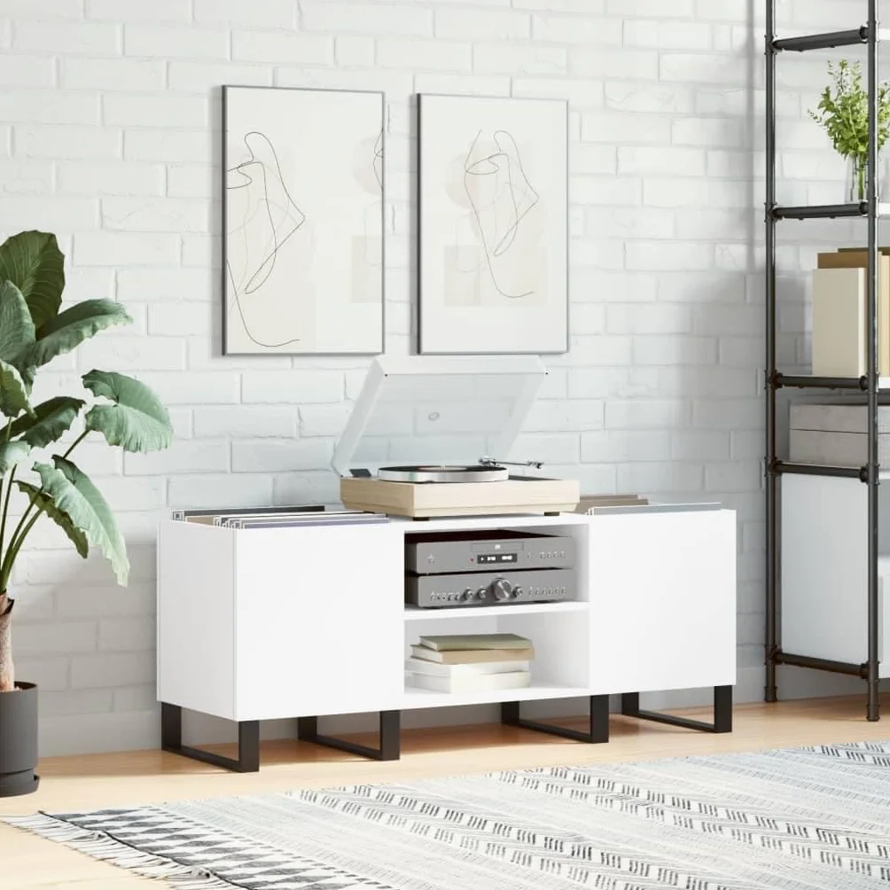 Fengshui Szafka panelowa biała 121 x 38 x 48 cm materiał drewnopochodny | Stabilna górna płyta do gramofonu, żelazne nogi, styl industrialny, przestronne przechowywanie LP