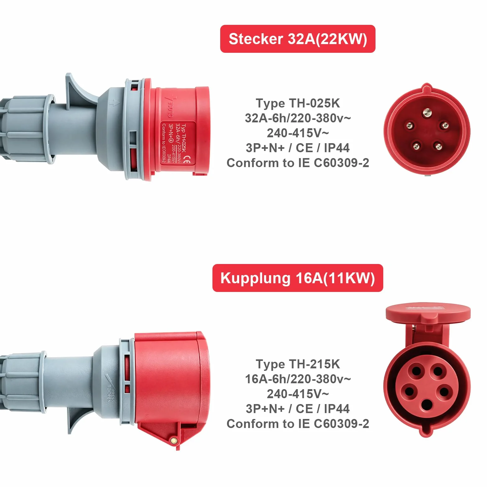 Adapter CEE 32 A wtyczka na złącze 16 A, 3-fazowy adapter prądu silnego, kabel VED, 5-rdzeniowy rdzeń z mosiądzu, 5 x 2,5 mm², kabel zasilający 415 V maks. IP44, 32 A na 16 A, odpowiedni do przemysłu