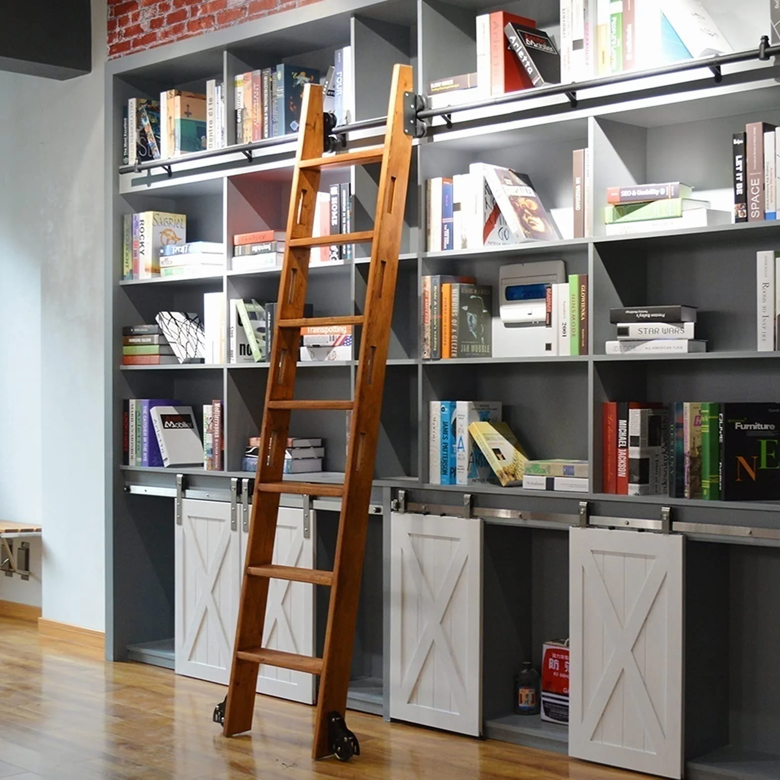 Zestaw sprzętowy drabiny toczącego, mobilna mobilna biblioteka 3,3ft-20 stóp ścieżki drabiny Hardware do domu/strychu, przesuwane drzwi stodoły (bez drabiny)