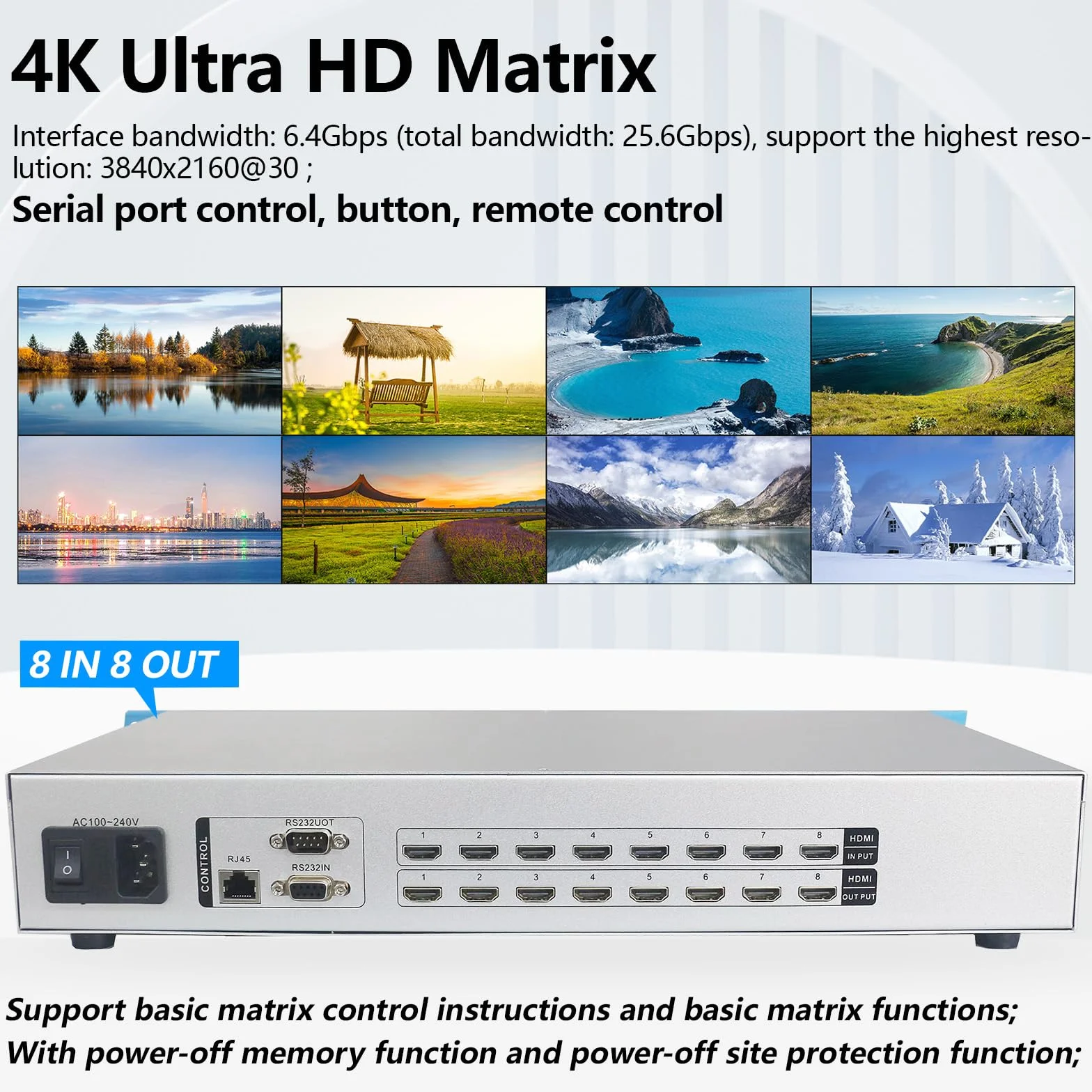 ICUIXIAN Przełącznik matrycowy 4K HDMI 8 x 8 z wejściem GUI + LAN + sterowaniem Rs232, przełącznik i rozdzielacz matrycy Rackmount HDMI 8 x 8 4K 30 Hz HDCP, EDID, podświetlane przyciski (8 wejść, 8