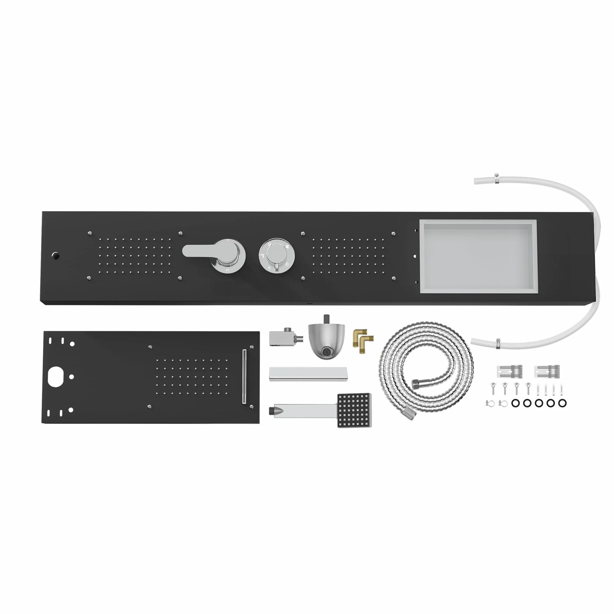 YUENFONG Panel prysznicowy 5 w 1 System prysznicowy ze stali nierdzewnej, wielofunkcyjny prysznic, w zestawie deszczownica, wodospad, masaż pleców, słuchawka prysznicowa, łatwy montaż na ścianie