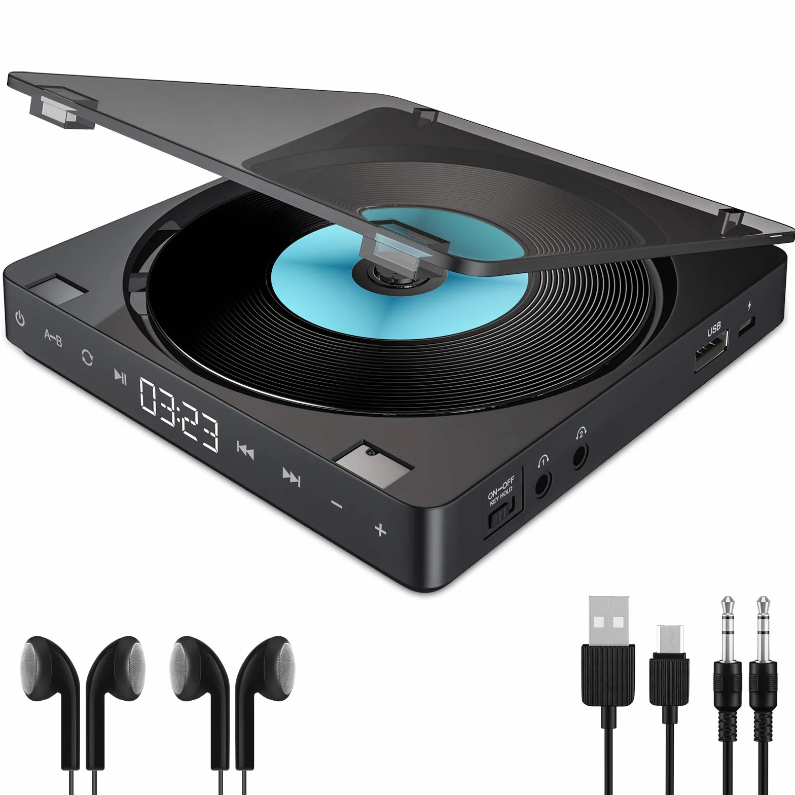 Gueray Przenośny odtwarzacz CD Discman 1200 mAh z podwójnym portem słuchawkowym i słuchawkami