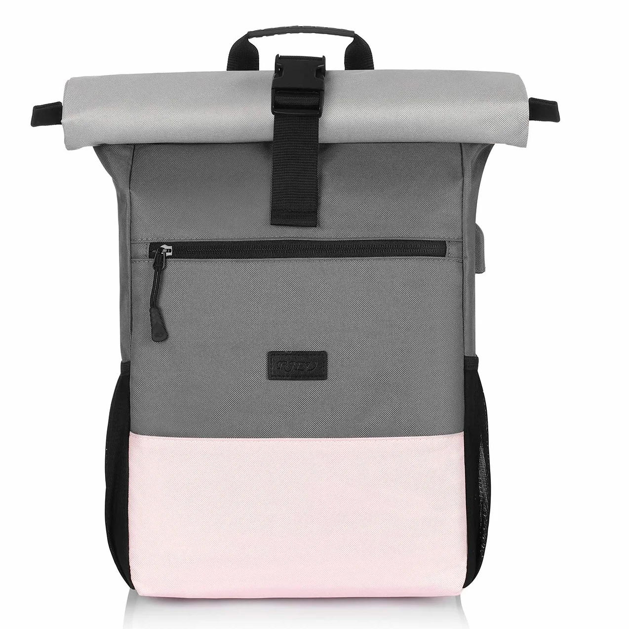 Plecak Rolltop Women na laptopa 17,3 cala z portem USB, szkolny, sportowy, różowy szary 26L
