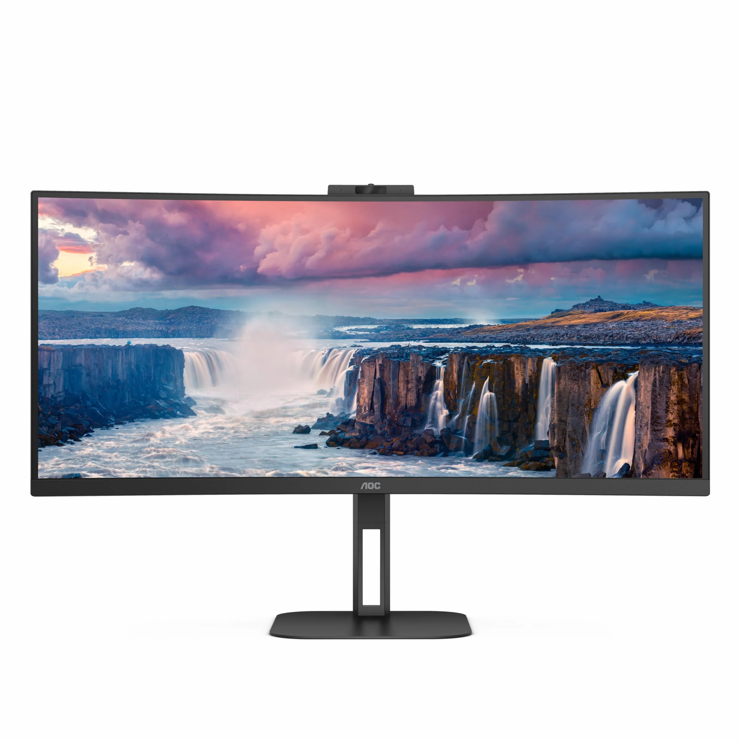 AOC CU34V5CW - 34-calowy zakrzywiony monitor QHD, 100 Hz, VA, kamera internetowa, stacja dokująca USB-C, zasilanie 65 W, koncentrator USN, regulacja wysokości, głośniki (3440 x 1440 przy 100 Hz, 300