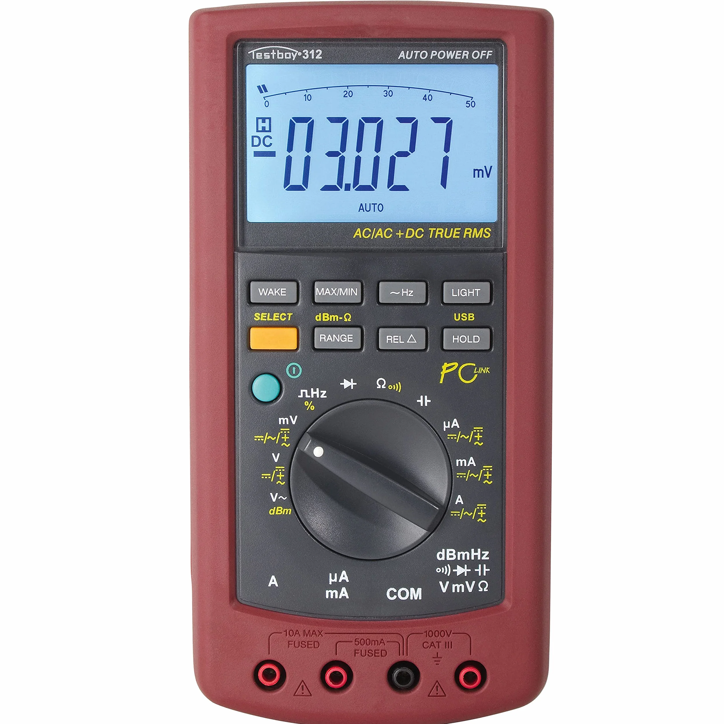 Multimetr cyfrowy Testboy 312 z interfejsem USB (duży wyświetlacz LCD z wyświetlaczem słupkowym, oprogramowanie na płycie CD, pomiar napięcia do 1000 V AC/DC), czerwony/czarny