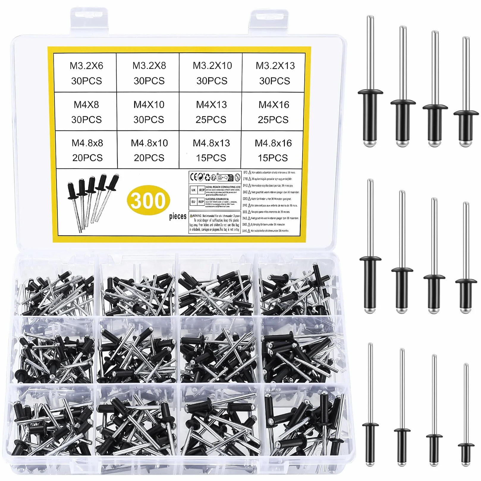 Zestaw 300 aluminiowych nitów zrywalnych, M3.2, M4, M4.8, zestaw nitów Pop, aluminiowe nity z kołnierzowymi nitami Pop, aluminiowe nity do metalu, drewna, tworzywa sztucznego, 12 rozmiarów, czarne