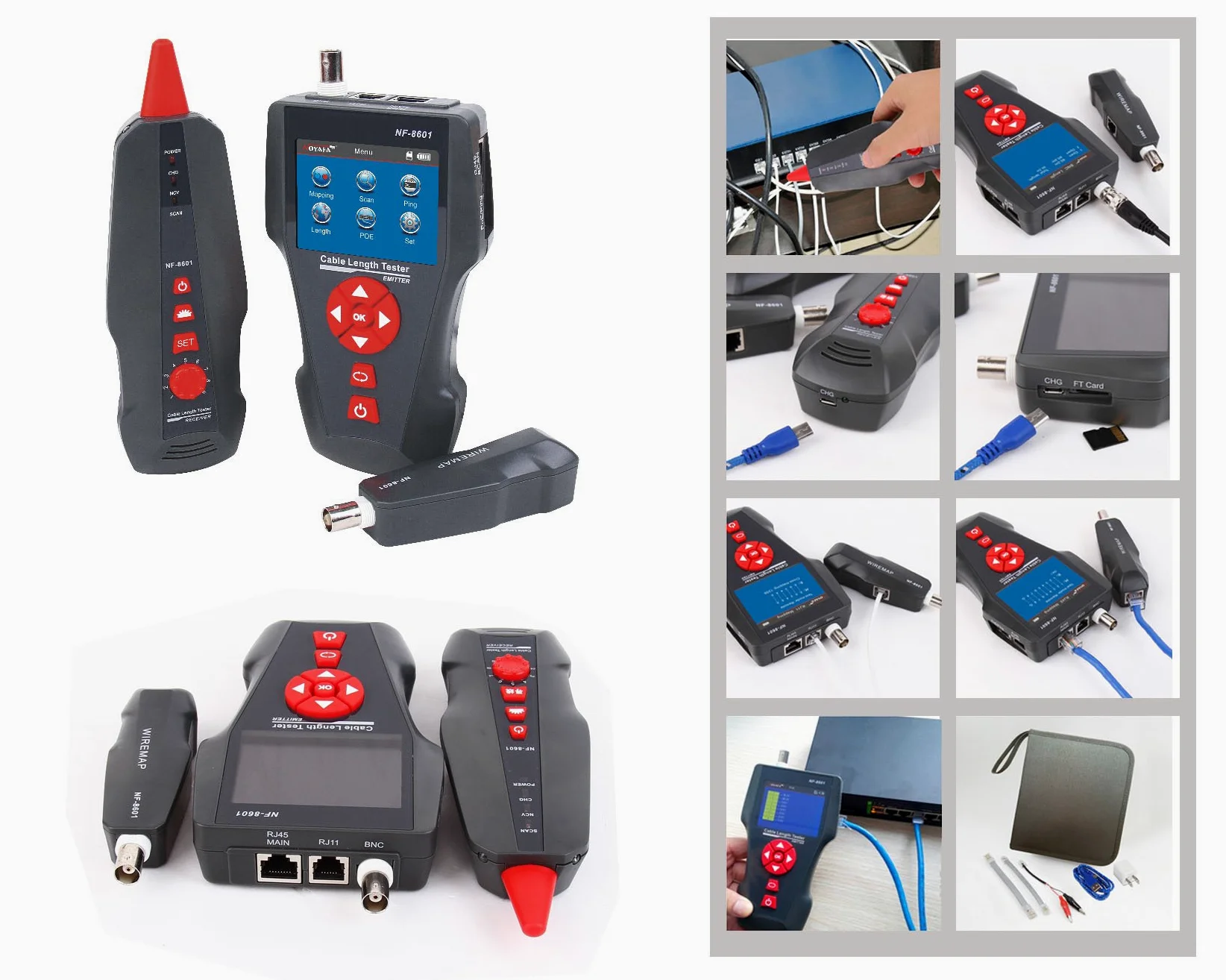 Kalea Informatique Tester sieci RJ45 RJ11 USB BNC: do długości/układu/rozpoznawania/testu PoE/ping/zapisu i eksportu testów, możliwe akumulatory litowe