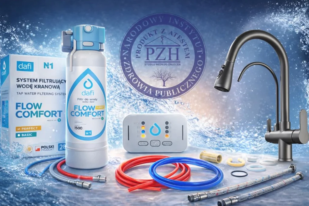Armatura kuchenna Nordic z systemem filtra wody Dafi Flow Comfort D1 3-drożna armatura wyciągana wylewka, obracana o 360°, oddzielny wylewka, 4-stopniowa filtracja, wskaźnik LED (grafitowa)